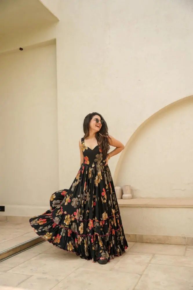 Marriage Special Black Color Digital Printed Pure Jimmy Organza Silk Anarkali Gown