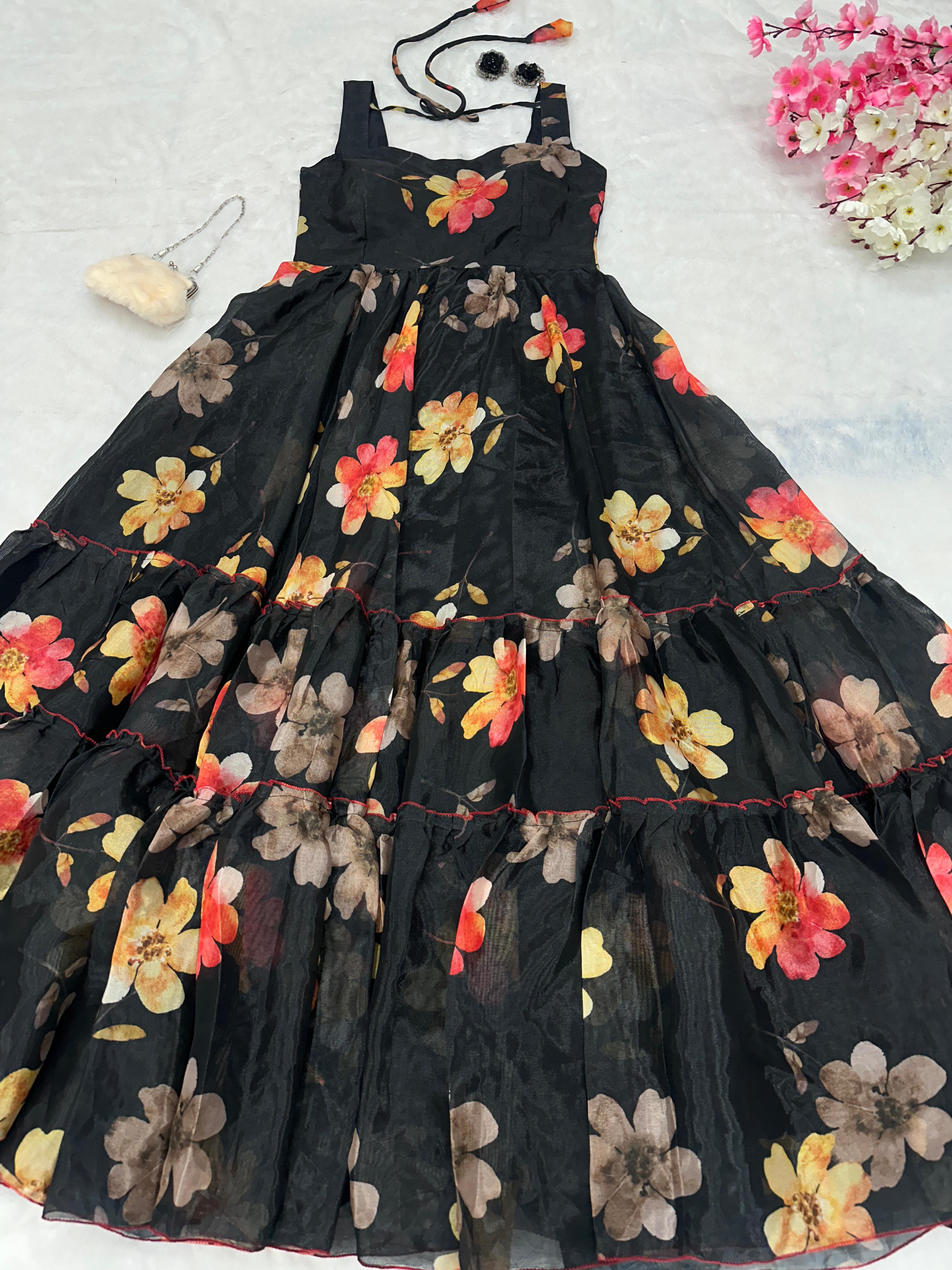 Marriage Special Black Color Digital Printed Pure Jimmy Organza Silk Anarkali Gown