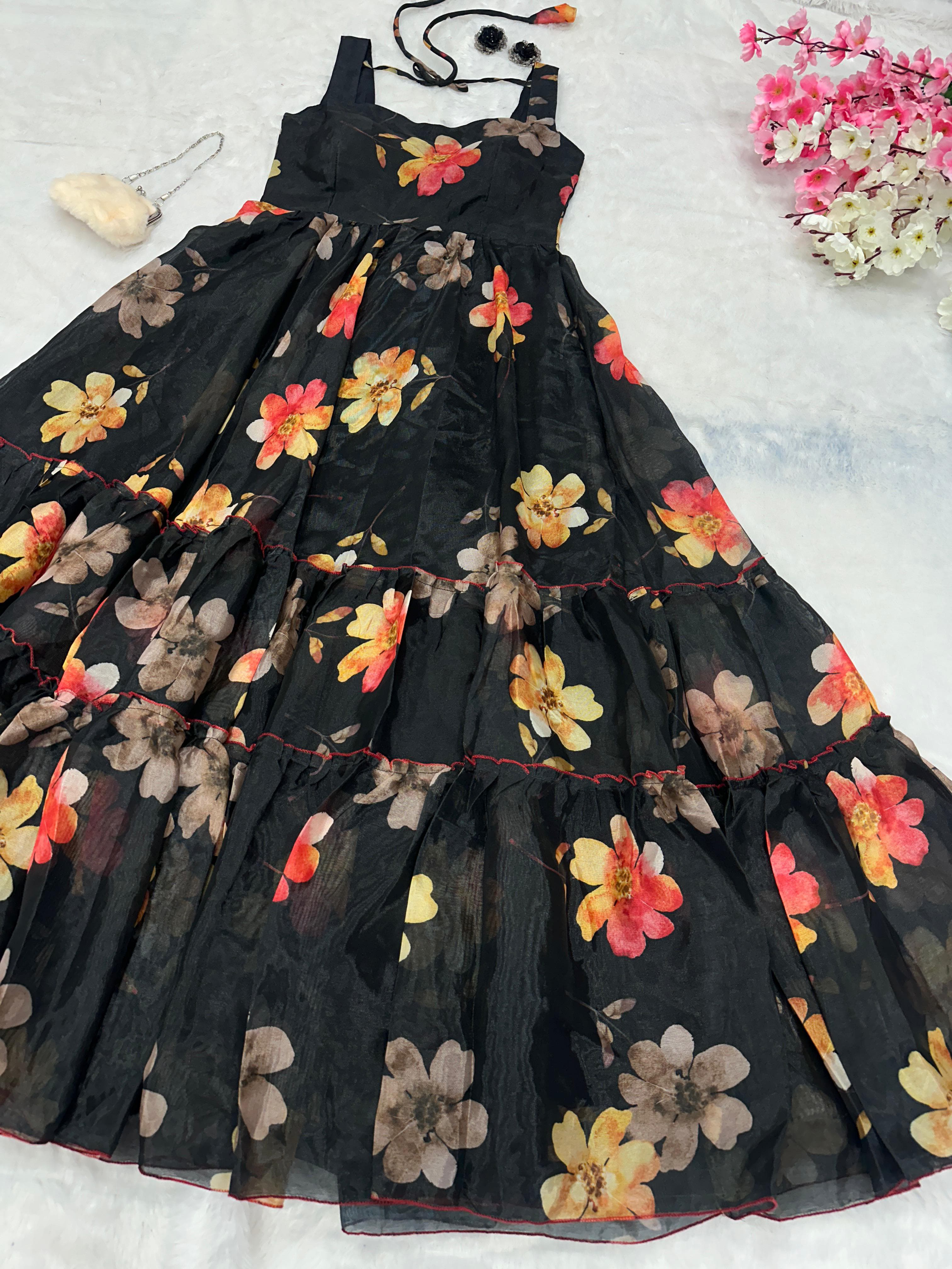 Marriage Special Black Color Digital Printed Pure Jimmy Organza Silk Anarkali Gown