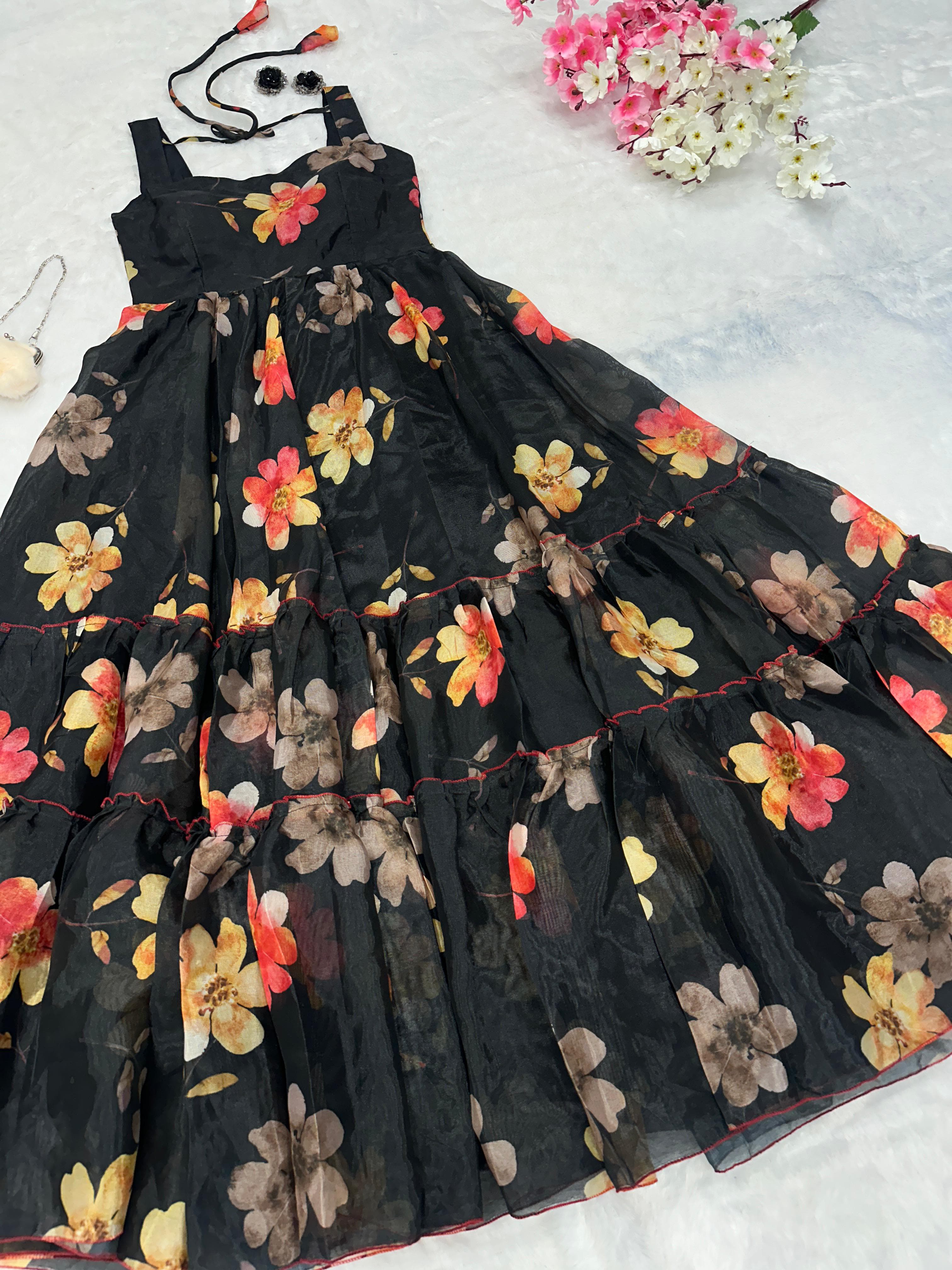 Marriage Special Black Color Digital Printed Pure Jimmy Organza Silk Anarkali Gown