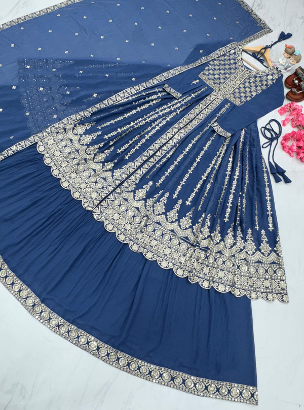 Party Wear Blue Color Georgette With Heavy Embroidery 5 mm Sequence Work Top With Lehenga