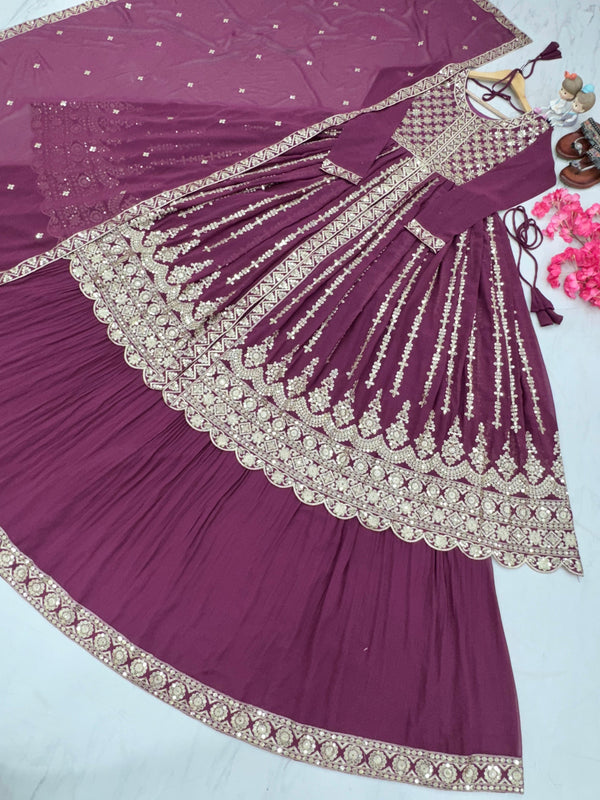 Festive Wear Wine Color Georgette With Heavy Embroidery 5 mm Sequence Work Top With Lehenga