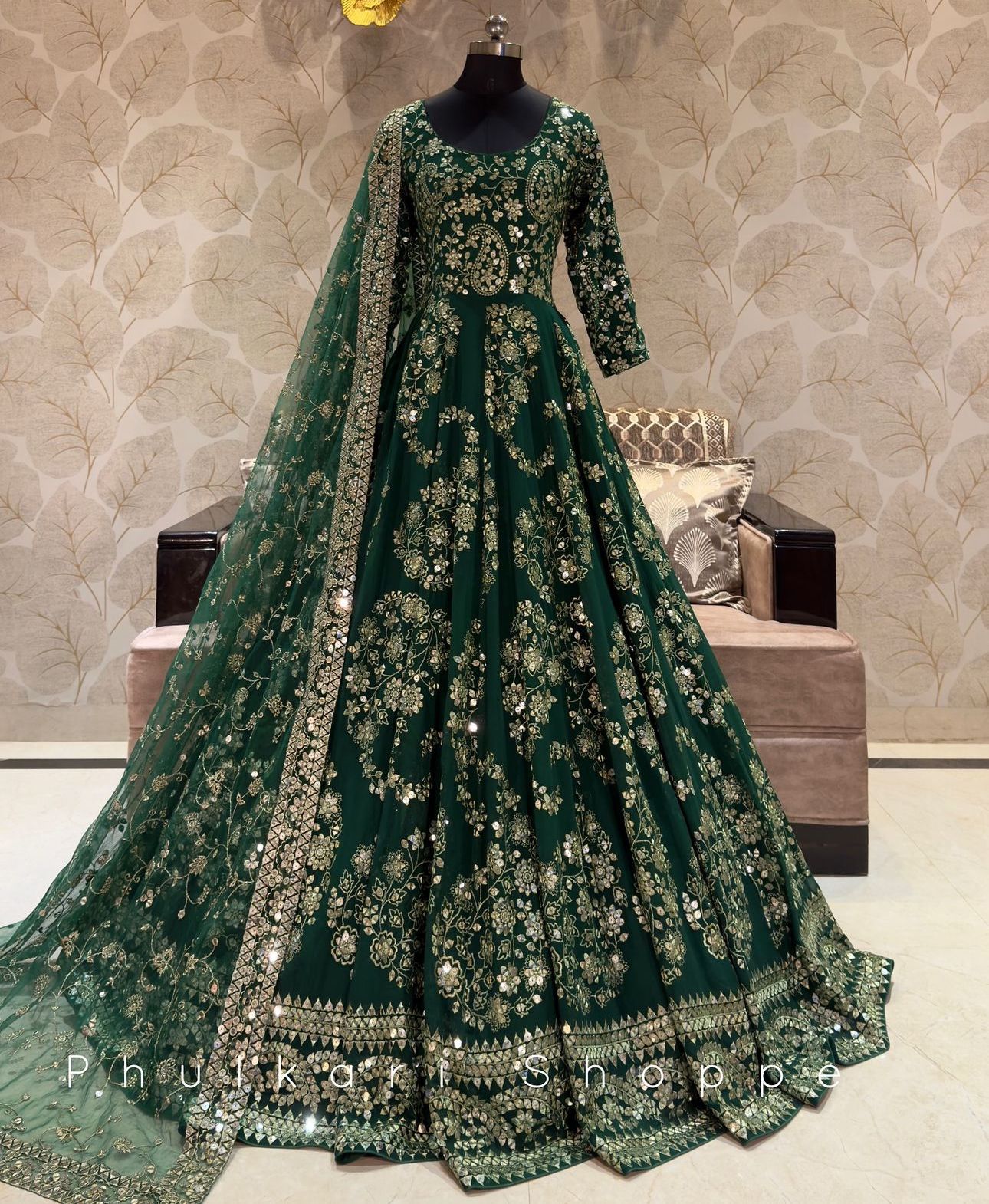 Celebrity Style Green Color Pure Chinon Silk With Embroidery Sequence Work Designer Gown