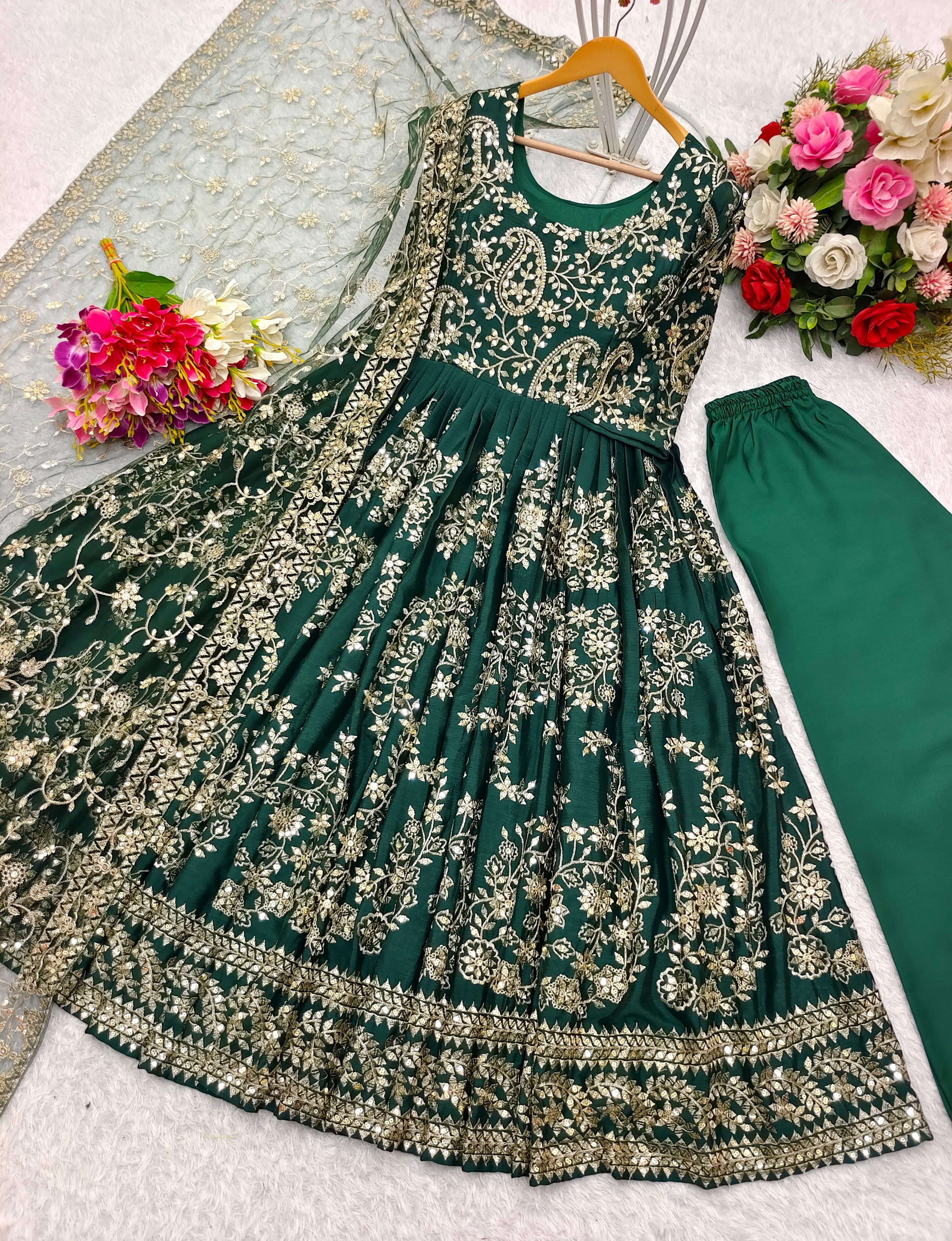 Celebrity Style Green Color Pure Chinon Silk With Embroidery Sequence Work Designer Gown