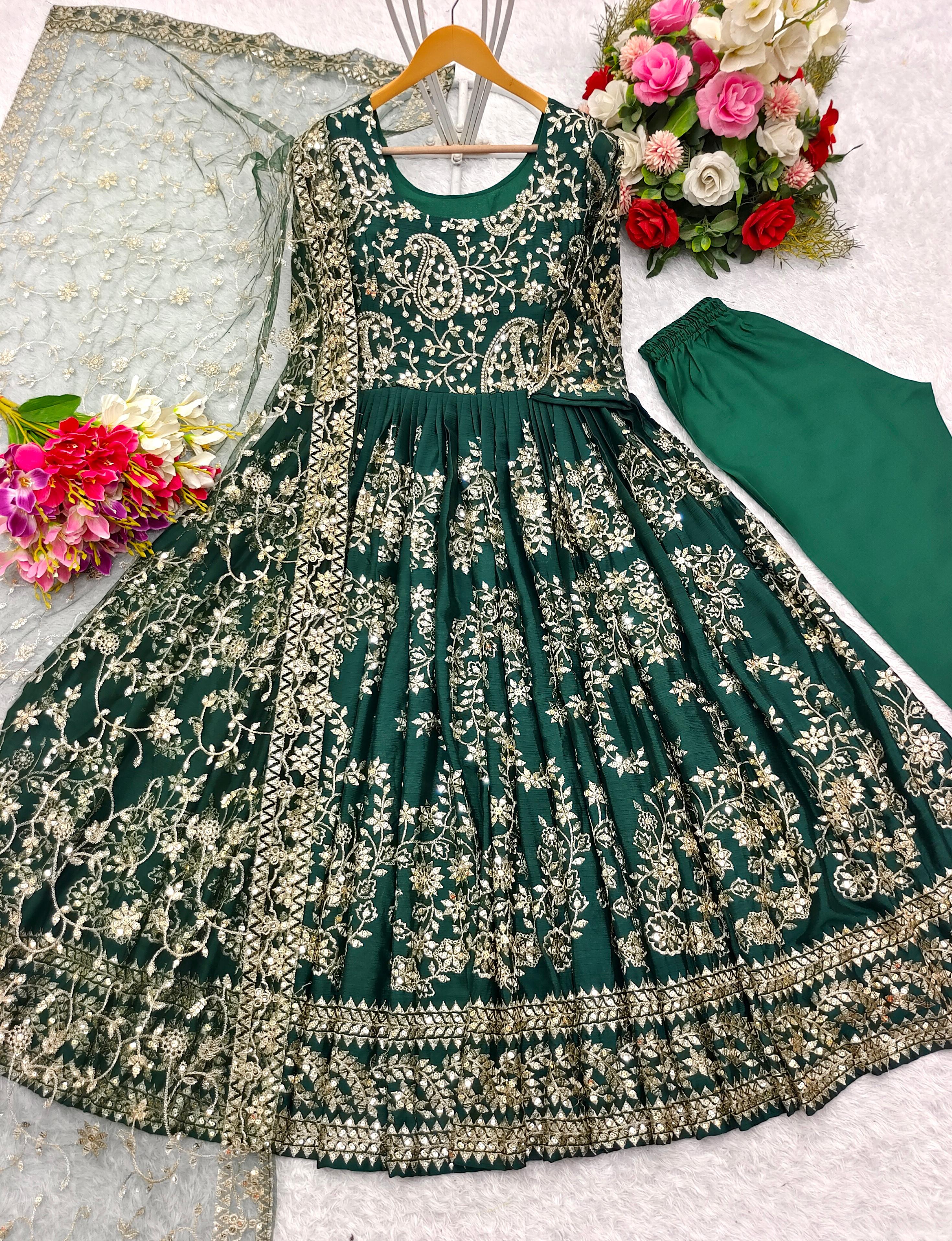 Celebrity Style Green Color Pure Chinon Silk With Embroidery Sequence Work Designer Gown