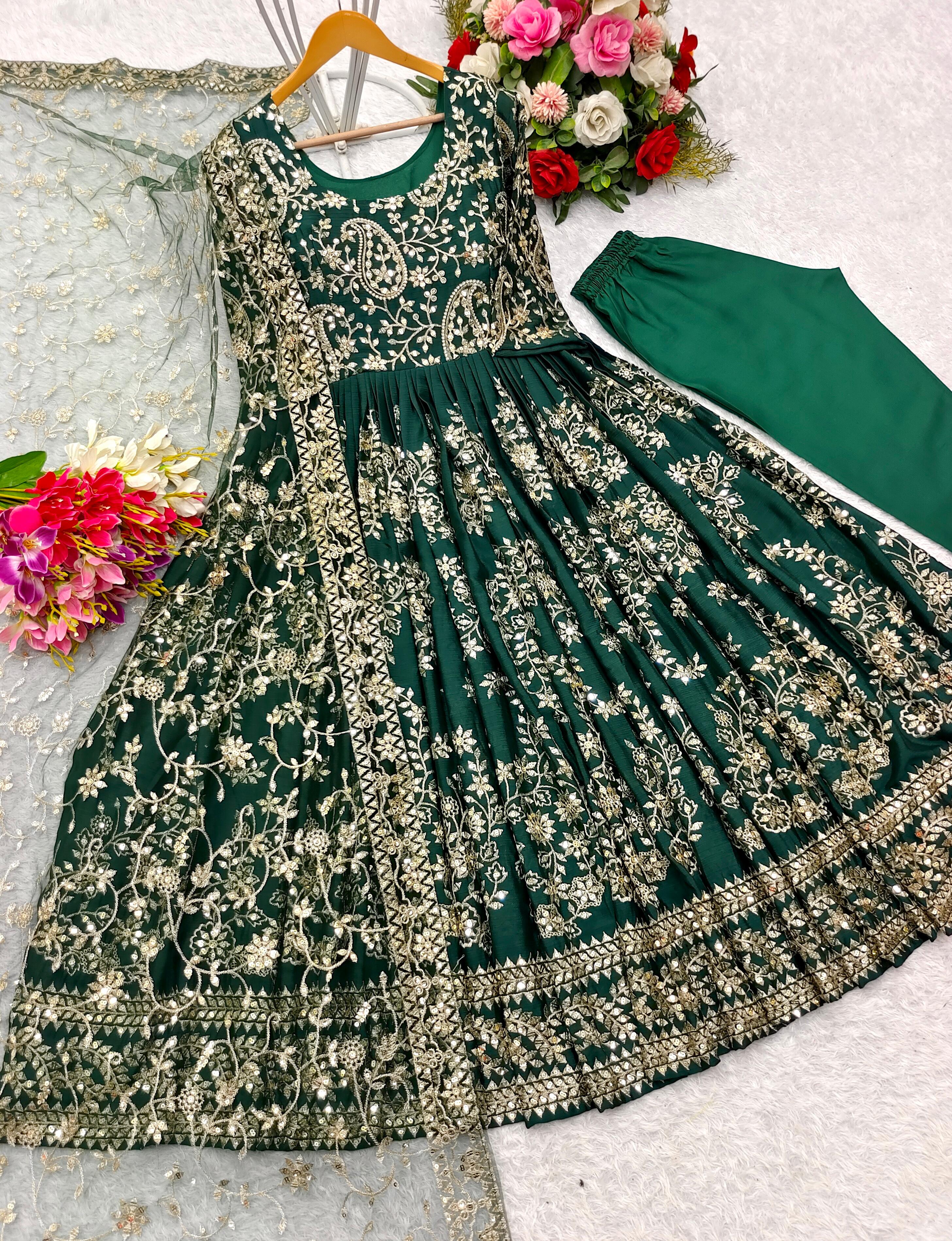 Celebrity Style Green Color Pure Chinon Silk With Embroidery Sequence Work Designer Gown