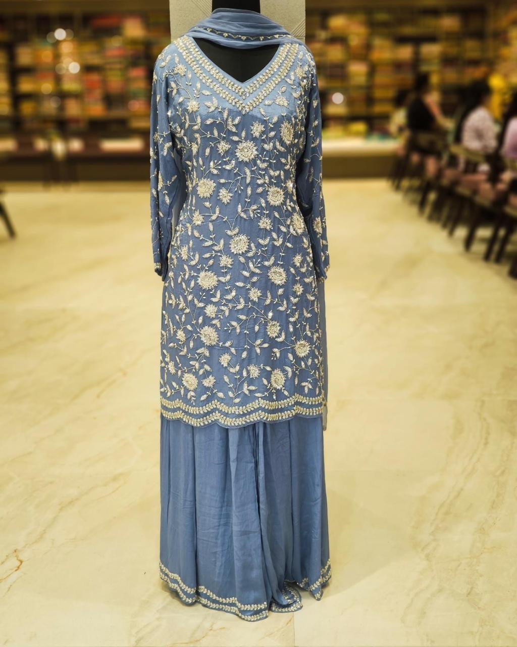 Demanding Sky Blue Color Heavy Fuax Georgette Party Wear Plazzo Suit