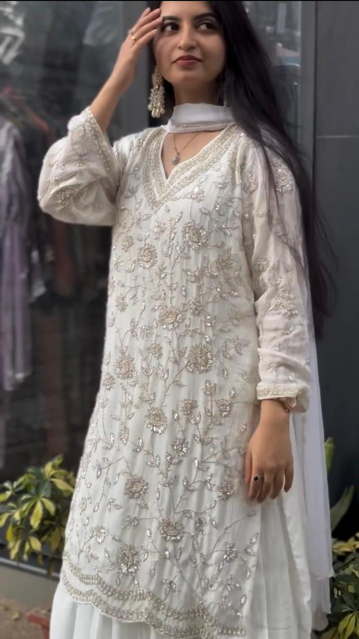 Demanding White Color Heavy Fuax Georgette Wedding Plazzo Suit