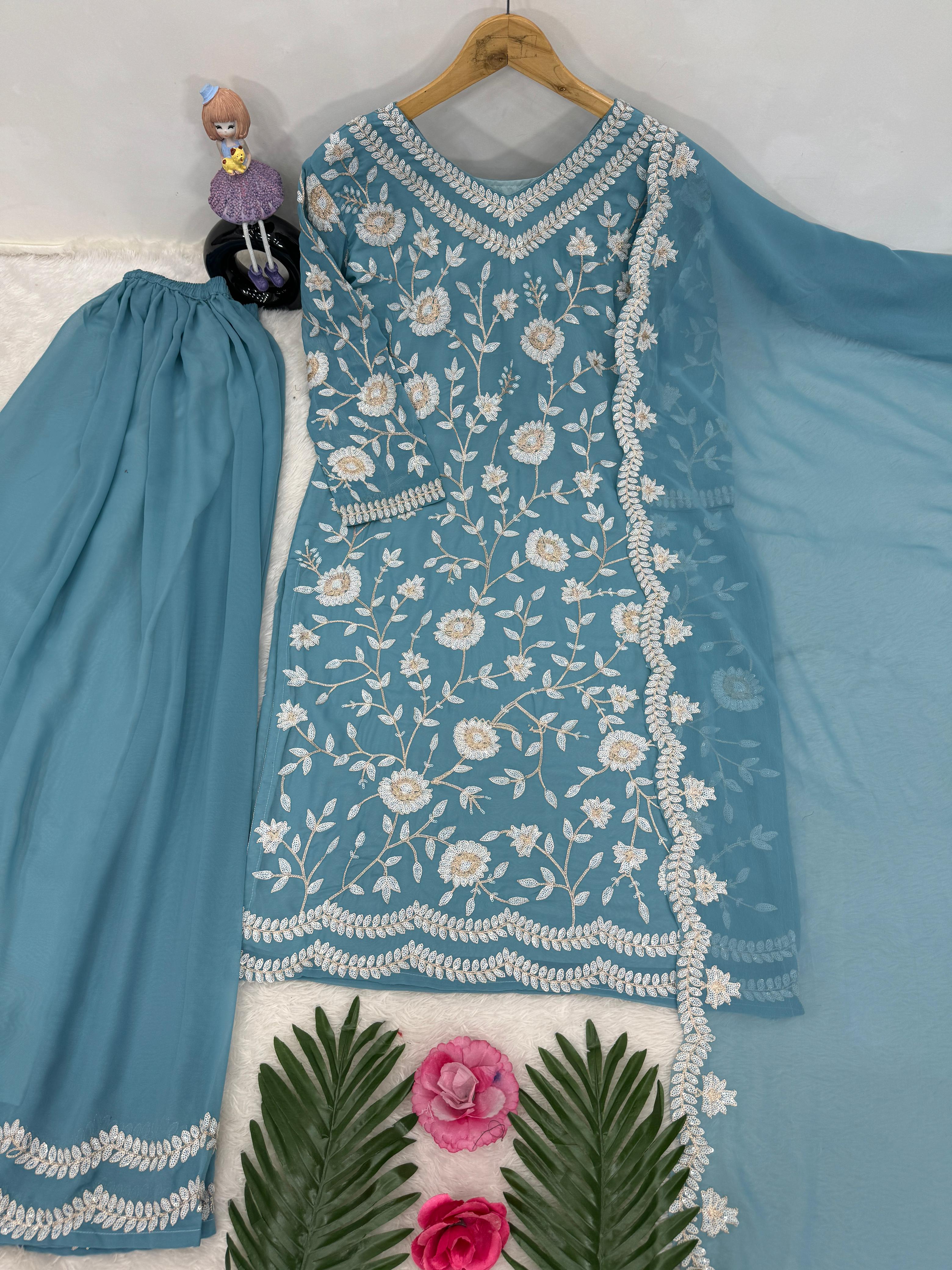 Demanding Sky Blue Color Heavy Fuax Georgette Party Wear Plazzo Suit