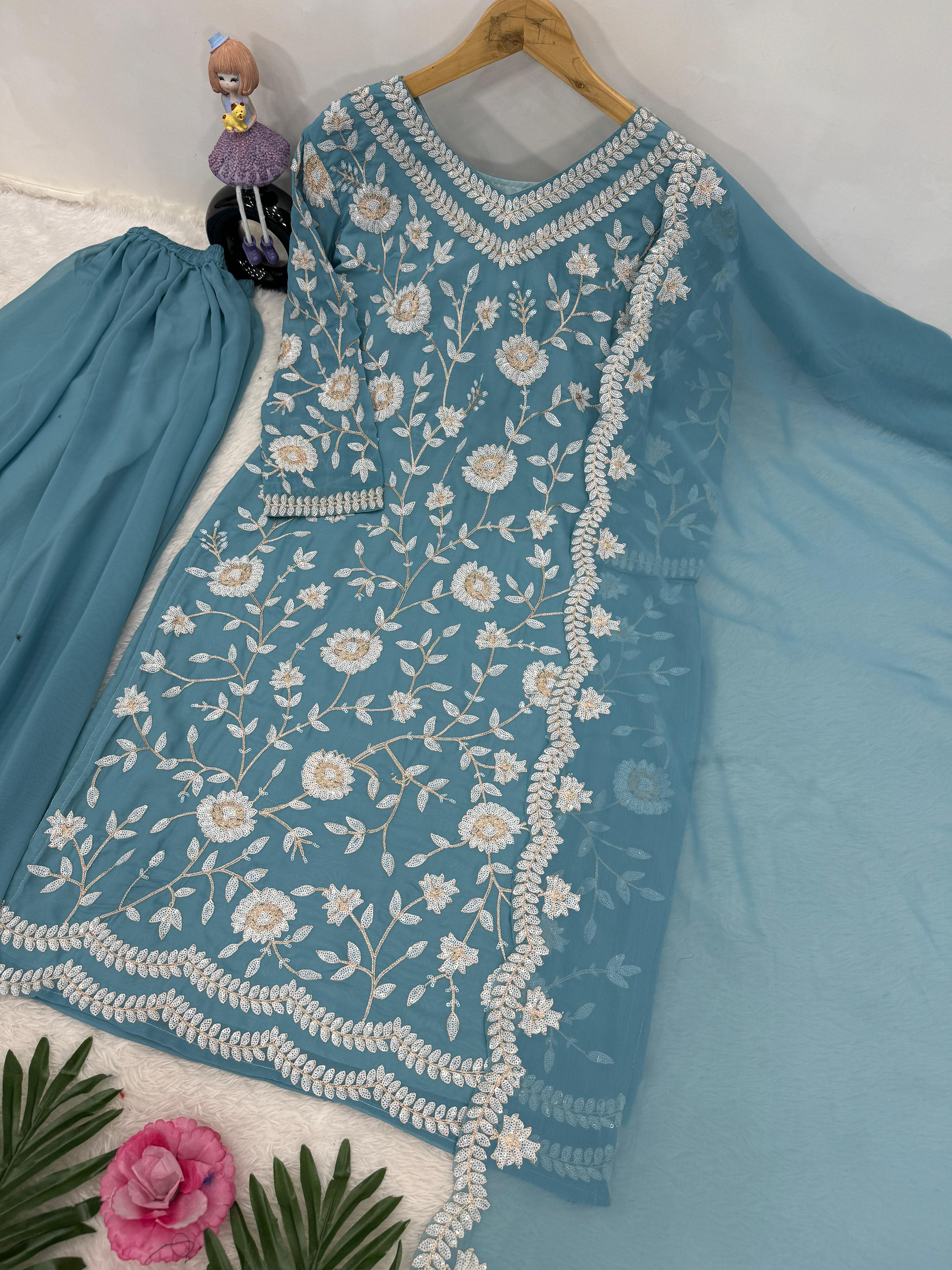 Demanding Sky Blue Color Heavy Fuax Georgette Party Wear Plazzo Suit