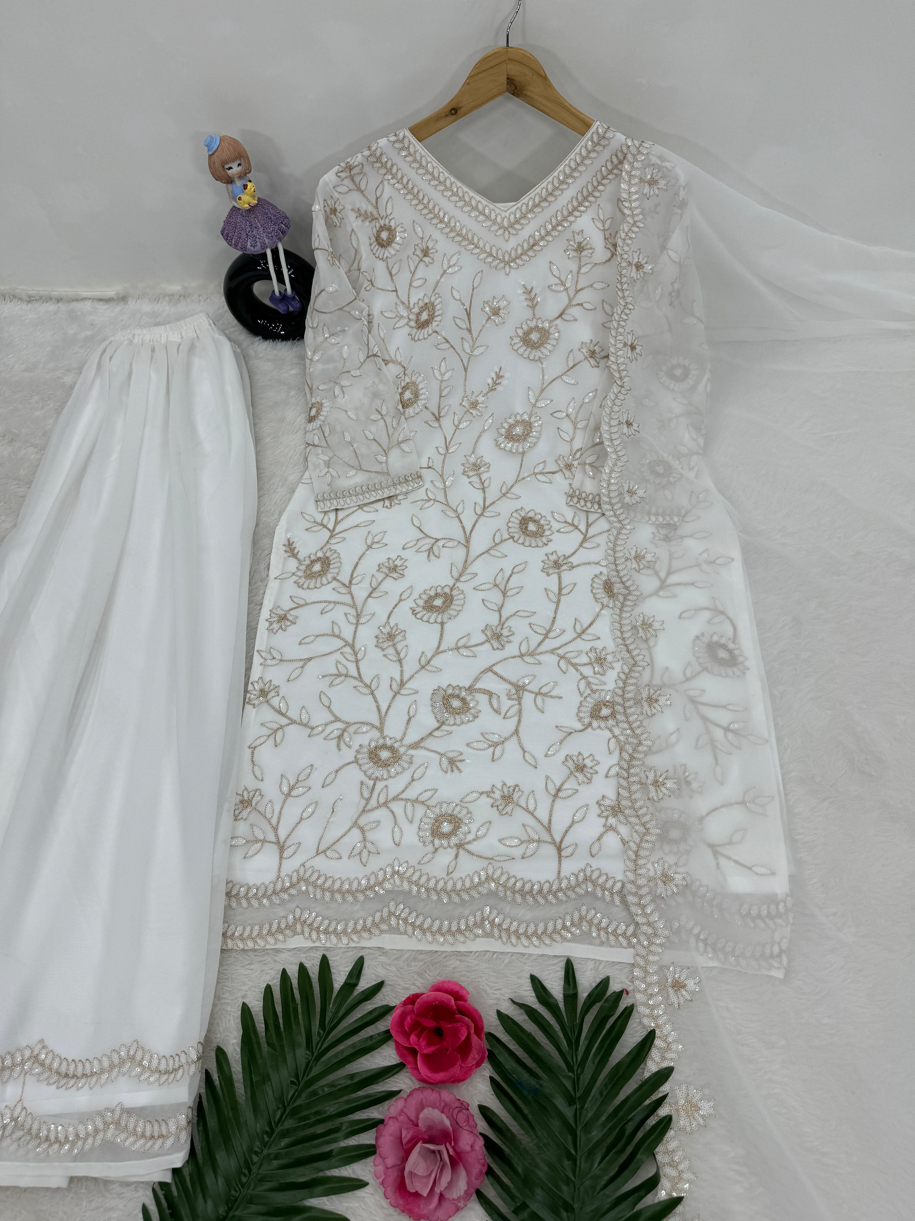 Demanding White Color Heavy Fuax Georgette Wedding Plazzo Suit