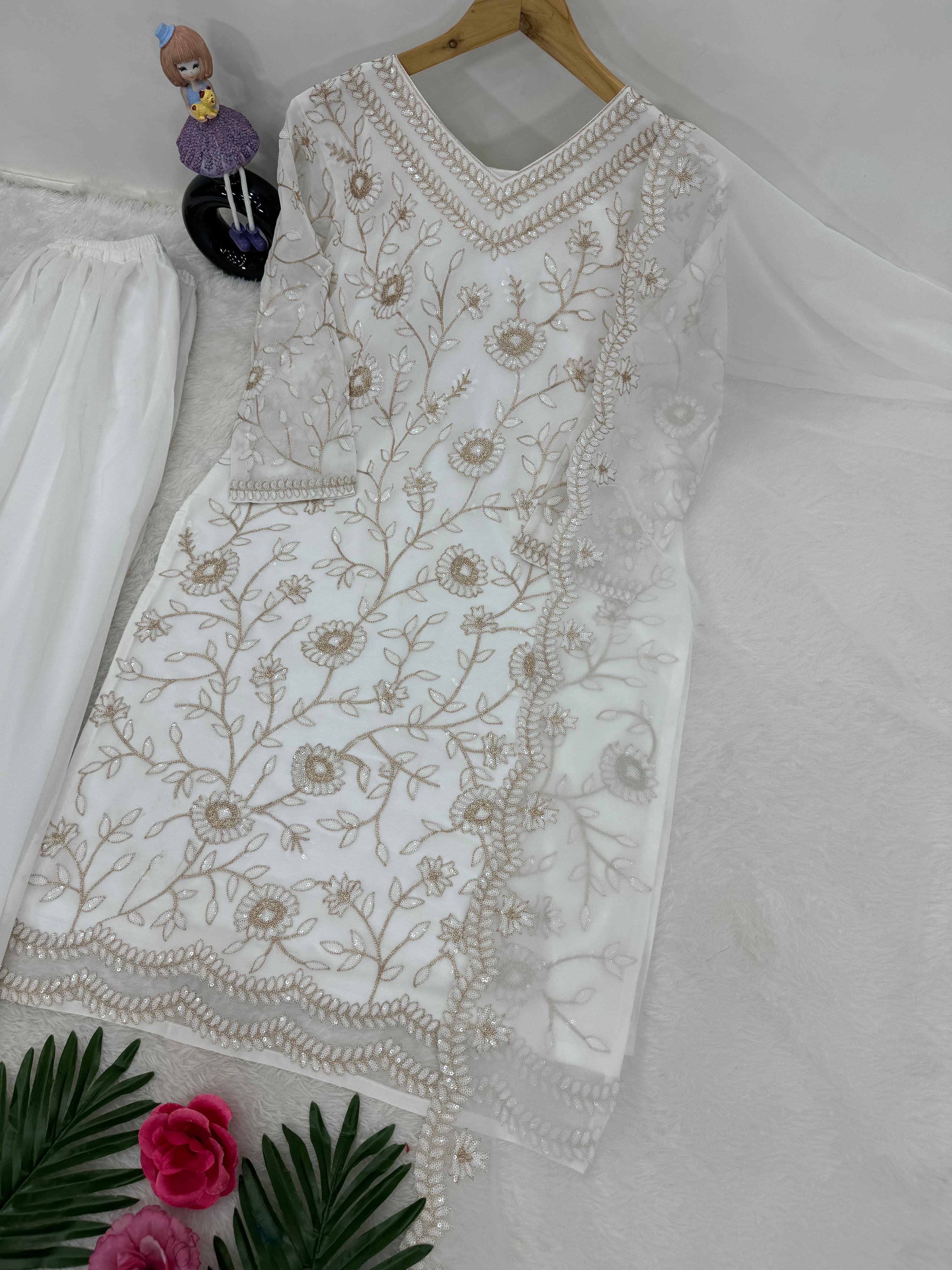 Demanding White Color Heavy Fuax Georgette Wedding Plazzo Suit