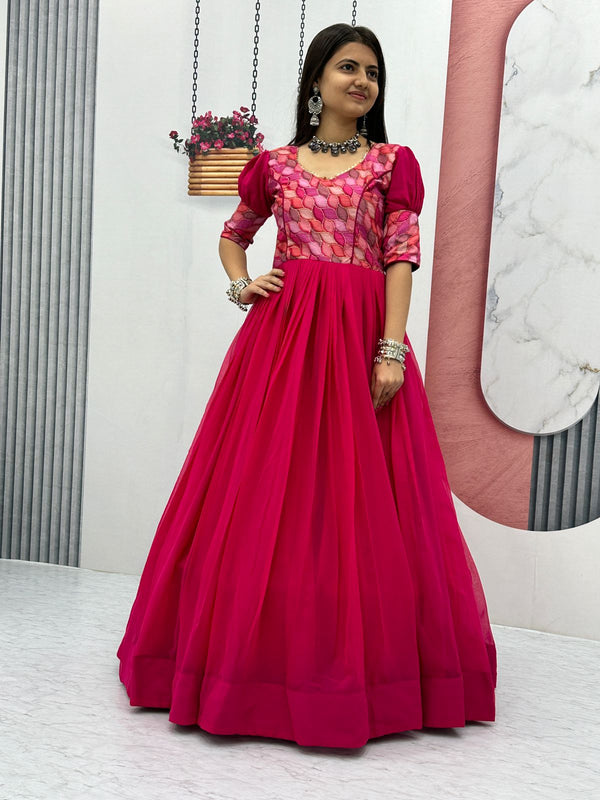 Demanding Pink Color Georgette Heavy Position Print Work Designer Gown