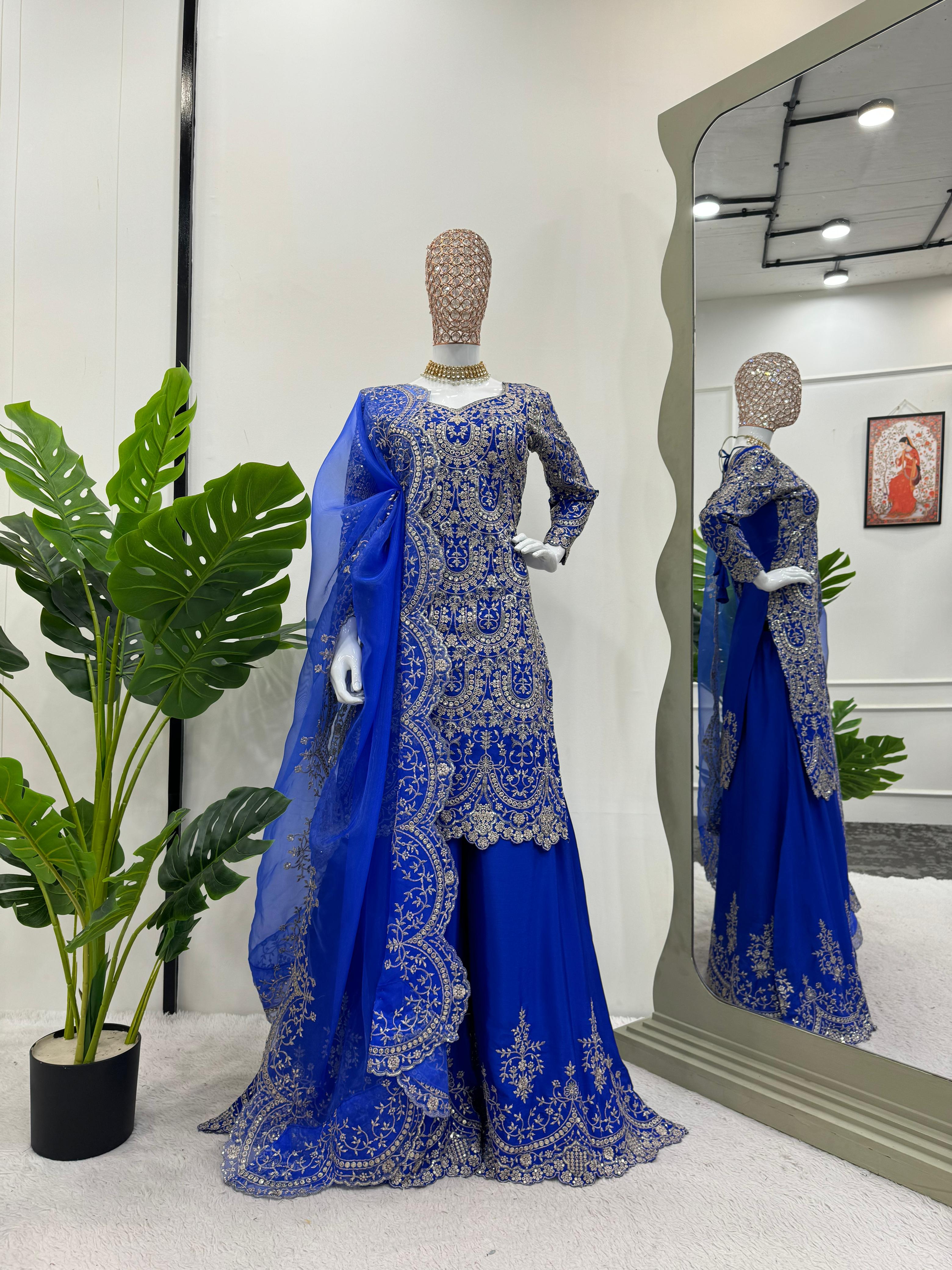 Latest Designer Party Wear Royal Blue Color Thread With Sequence Sharara Plazo Suit