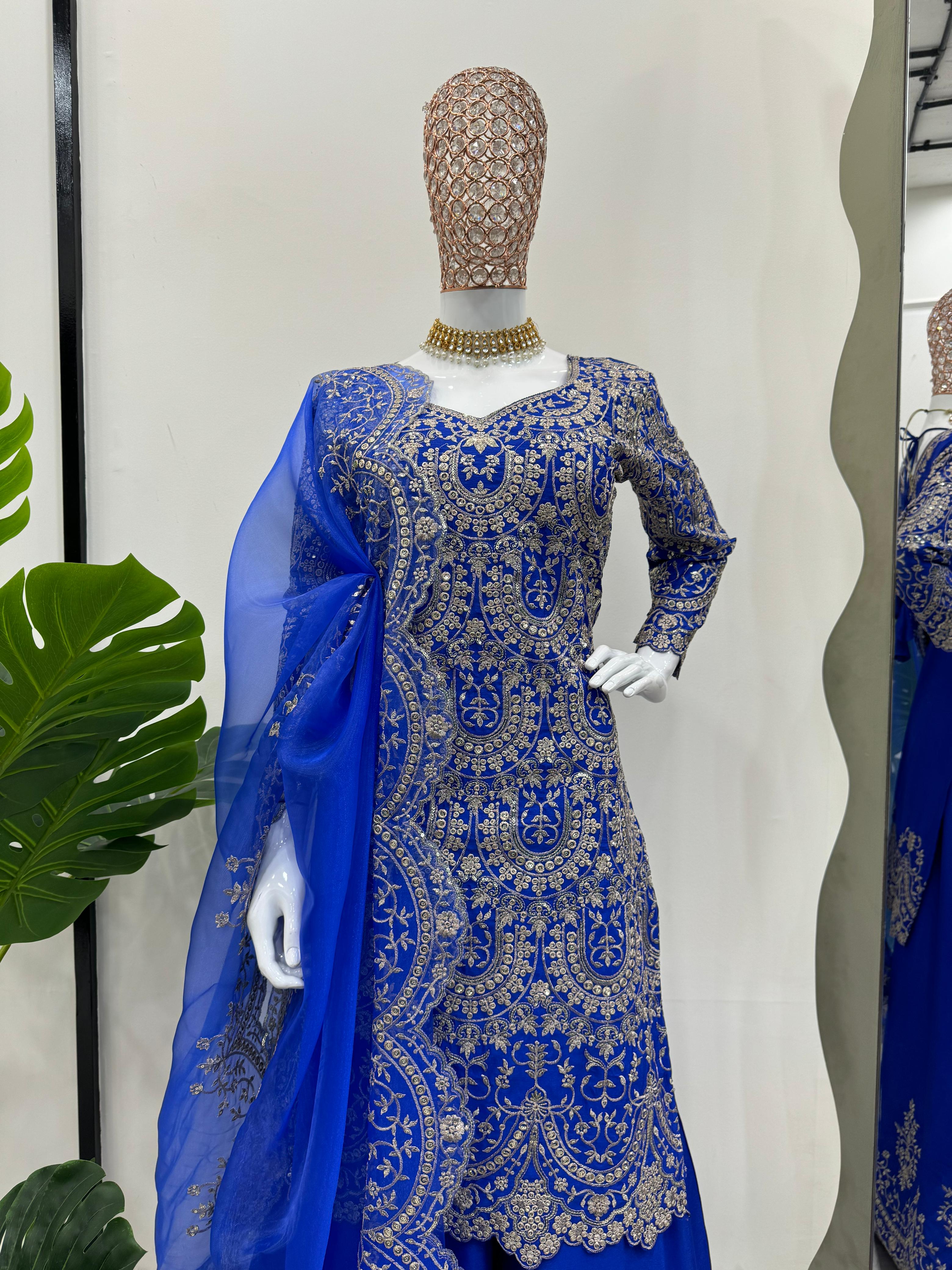 Latest Designer Party Wear Royal Blue Color Thread With Sequence Sharara Plazo Suit