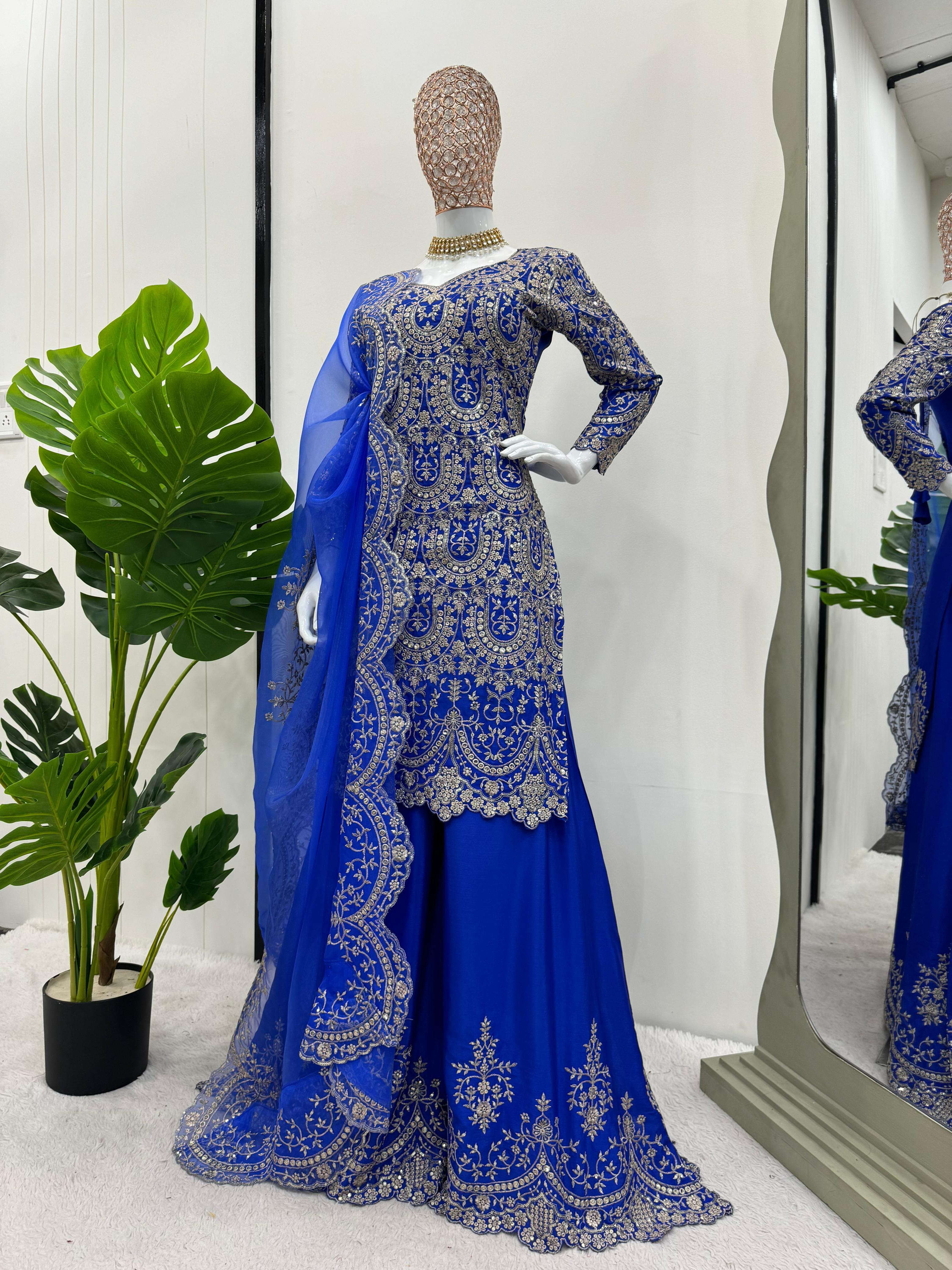 Latest Designer Party Wear Royal Blue Color Thread With Sequence Sharara Plazo Suit