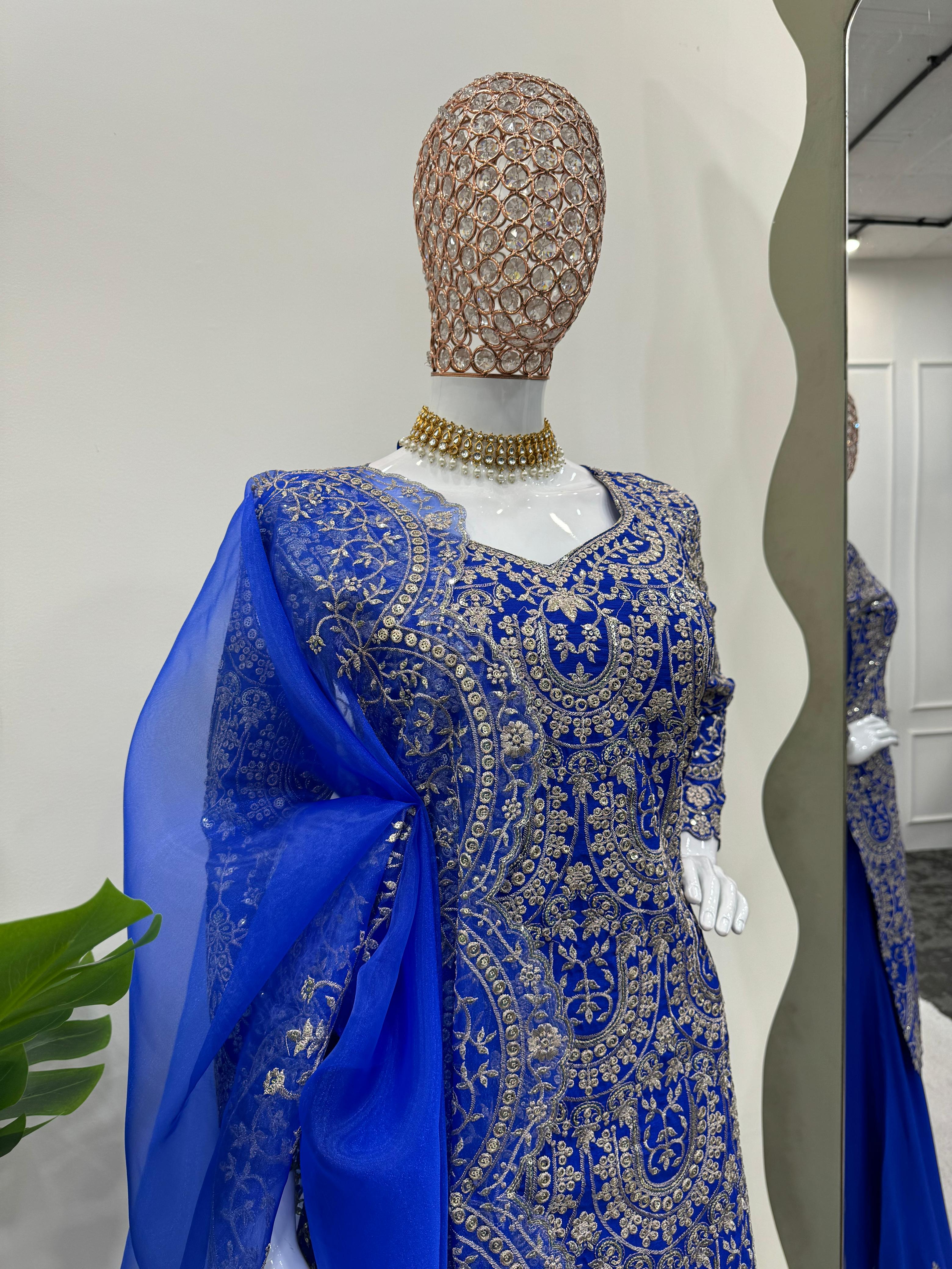 Latest Designer Party Wear Royal Blue Color Thread With Sequence Sharara Plazo Suit