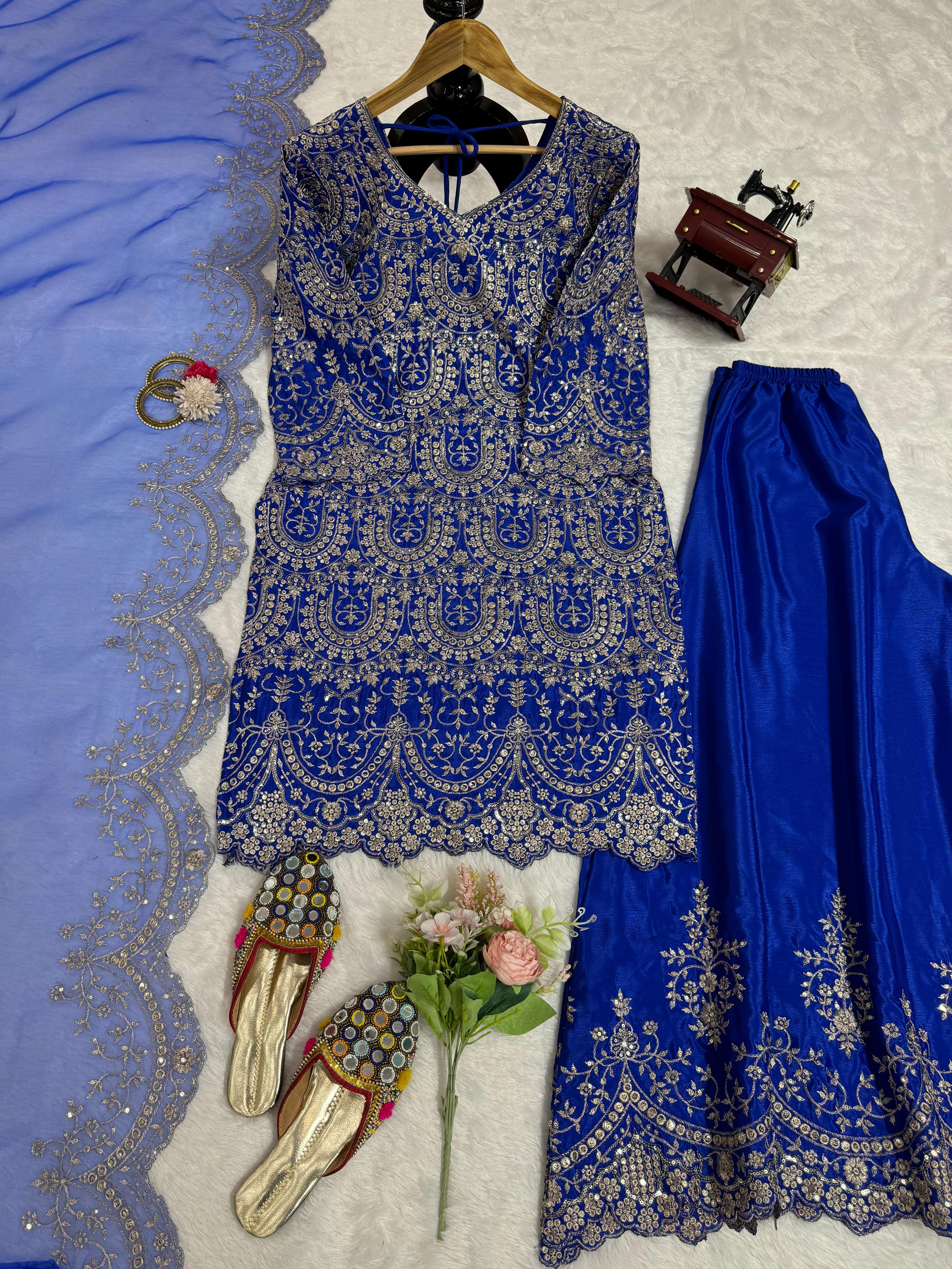 Latest Designer Party Wear Royal Blue Color Thread With Sequence Sharara Plazo Suit