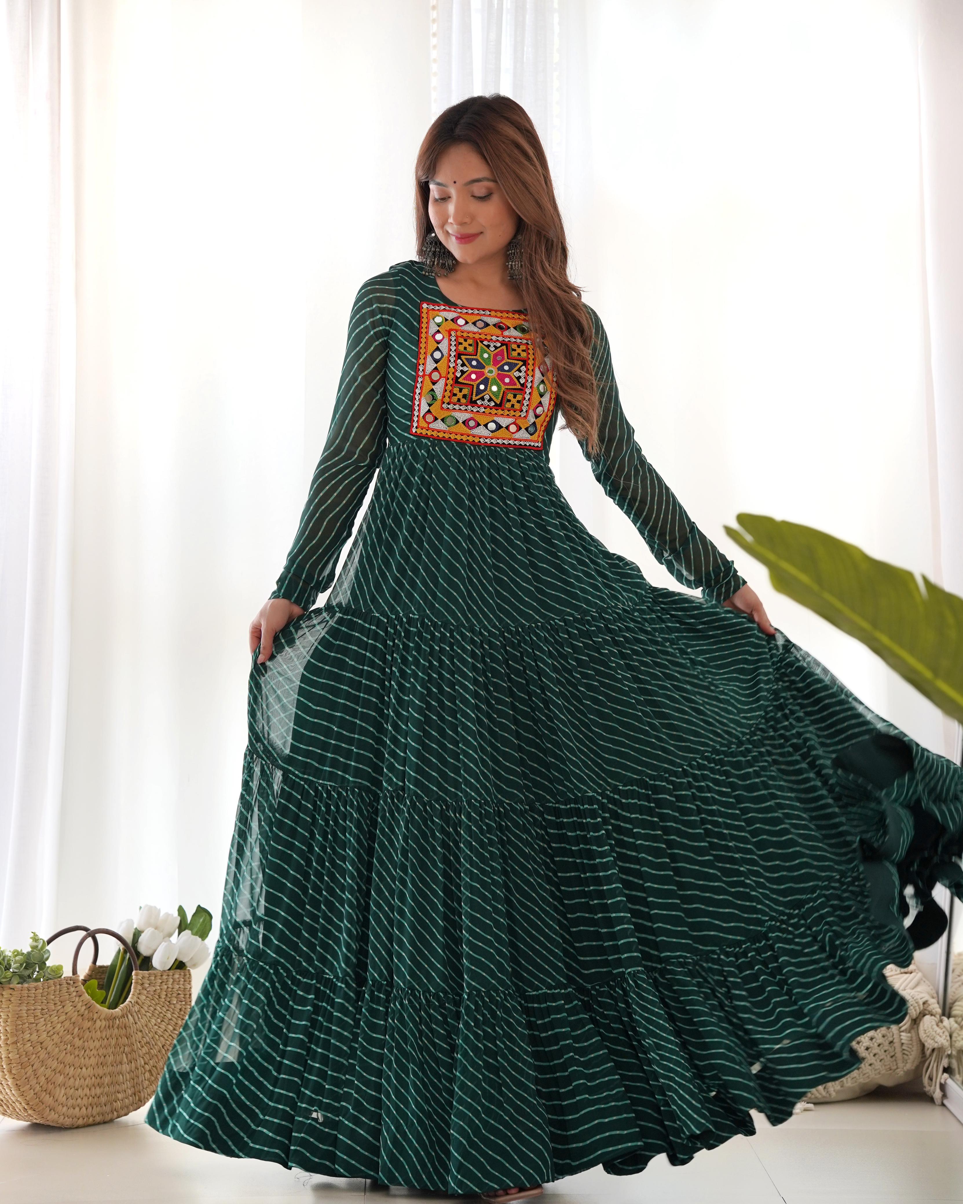 Navratri Wear Green Color Heavy Pure Soft Fox Georgette Laheriya Print Anarkali Gown