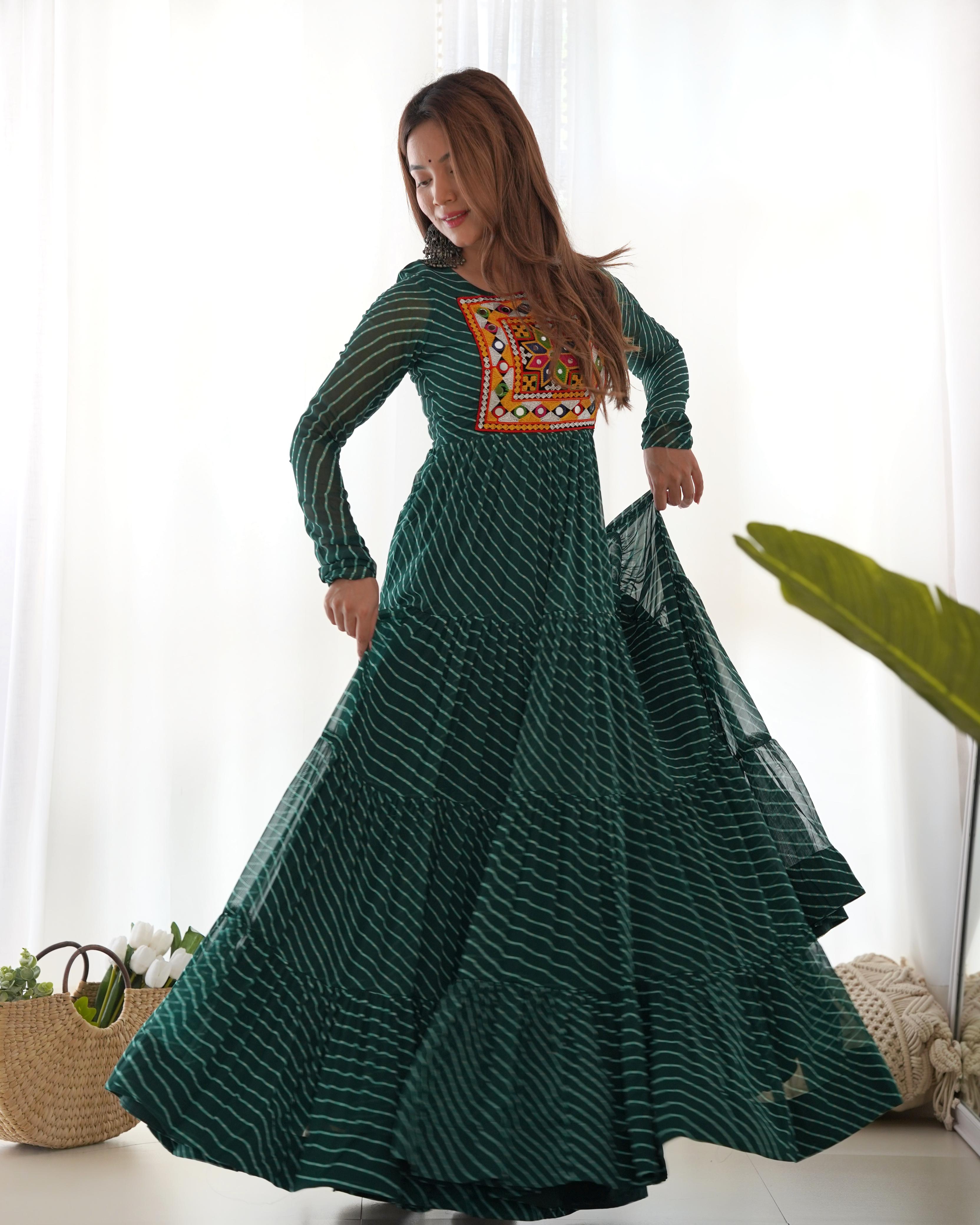 Navratri Wear Green Color Heavy Pure Soft Fox Georgette Laheriya Print Anarkali Gown