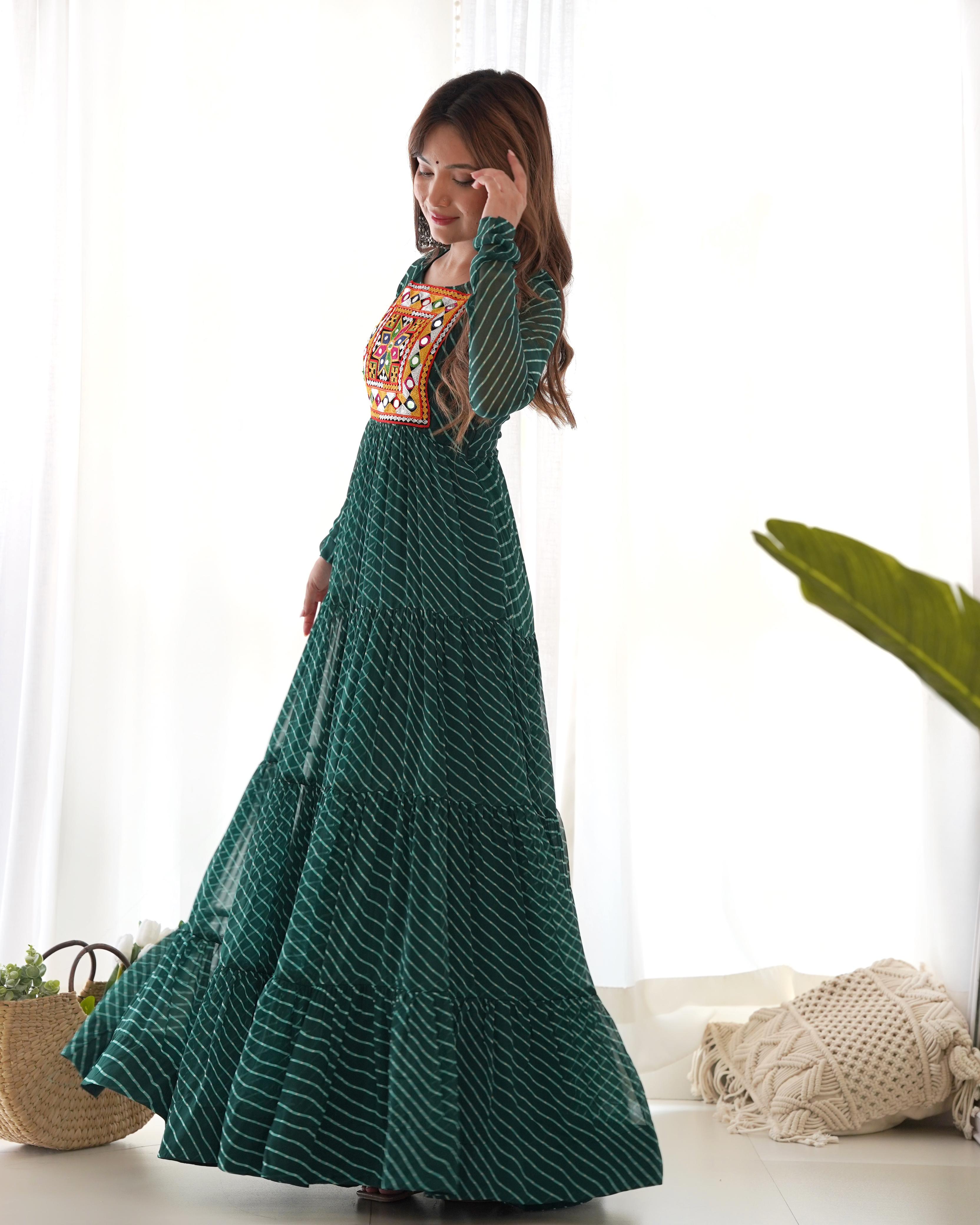 Navratri Wear Green Color Heavy Pure Soft Fox Georgette Laheriya Print Anarkali Gown