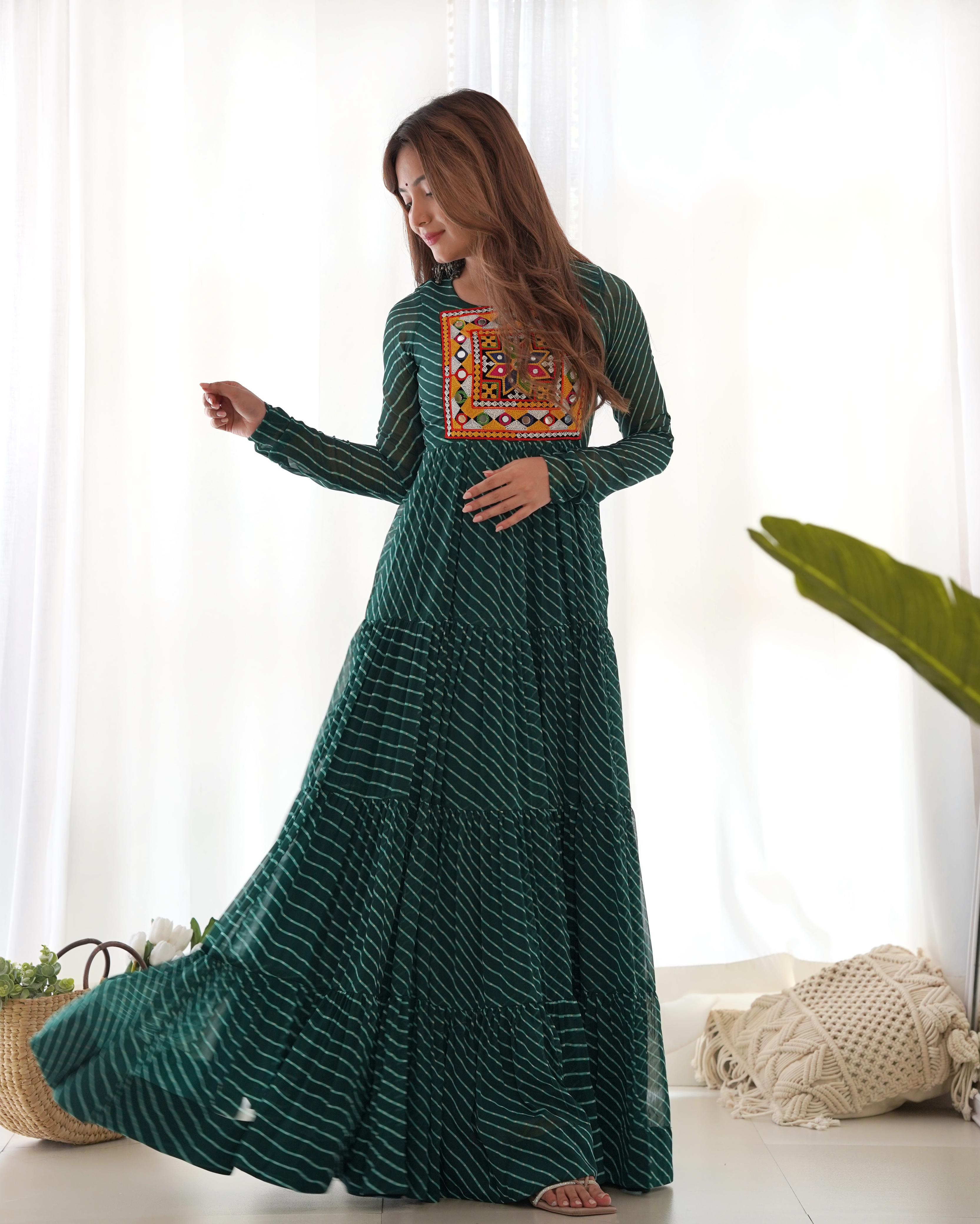 Navratri Wear Green Color Heavy Pure Soft Fox Georgette Laheriya Print Anarkali Gown