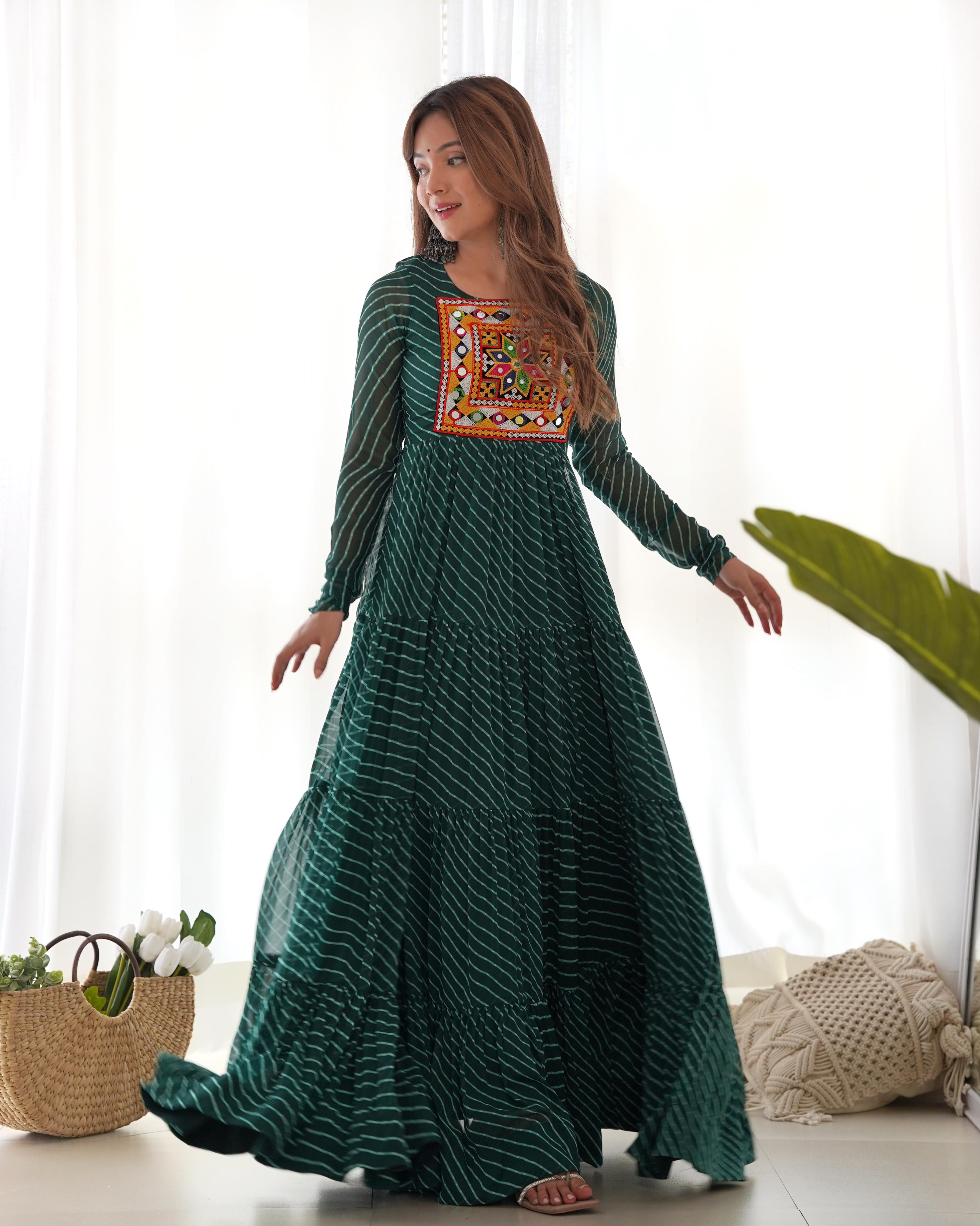 Navratri Wear Green Color Heavy Pure Soft Fox Georgette Laheriya Print Anarkali Gown