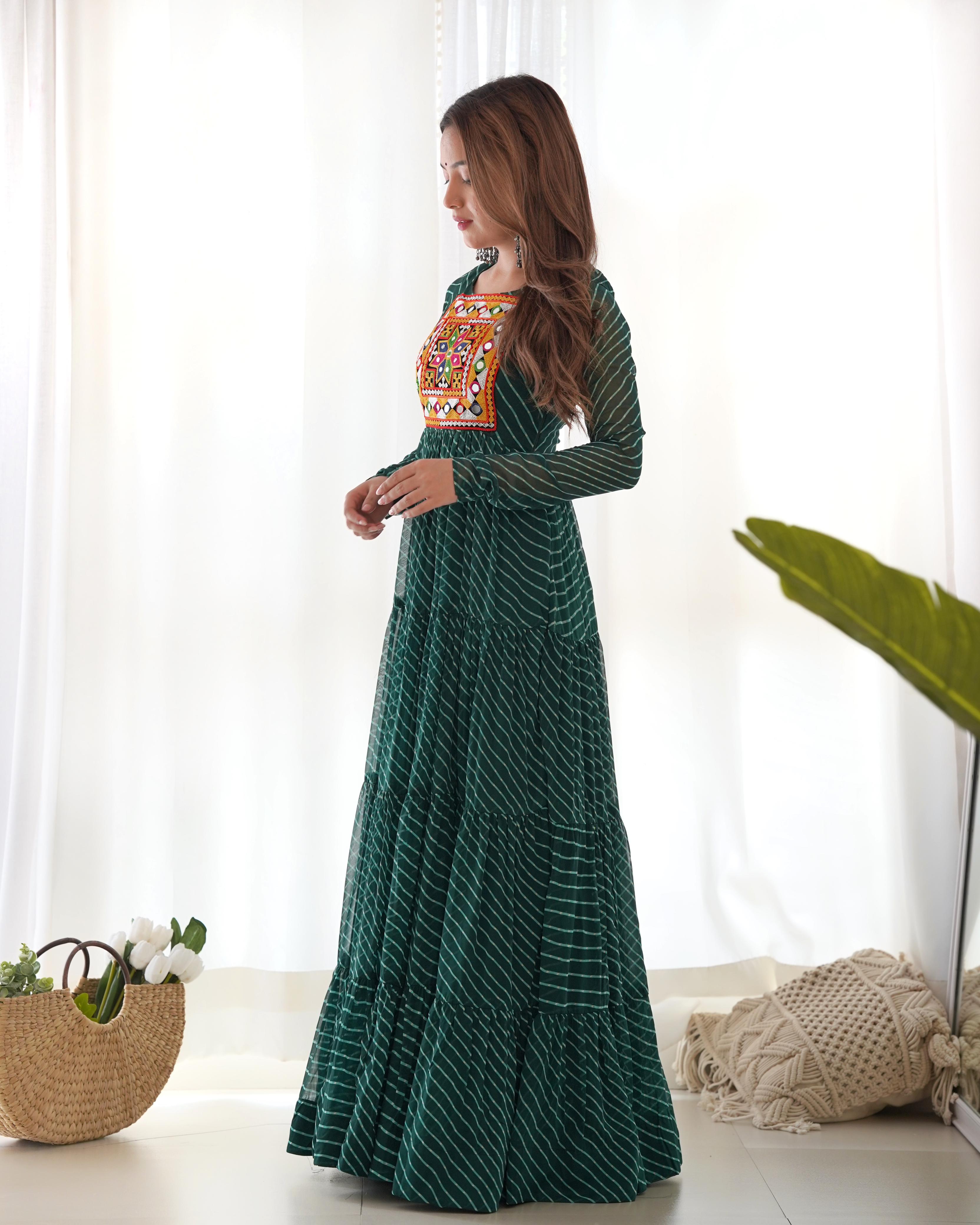 Navratri Wear Green Color Heavy Pure Soft Fox Georgette Laheriya Print Anarkali Gown