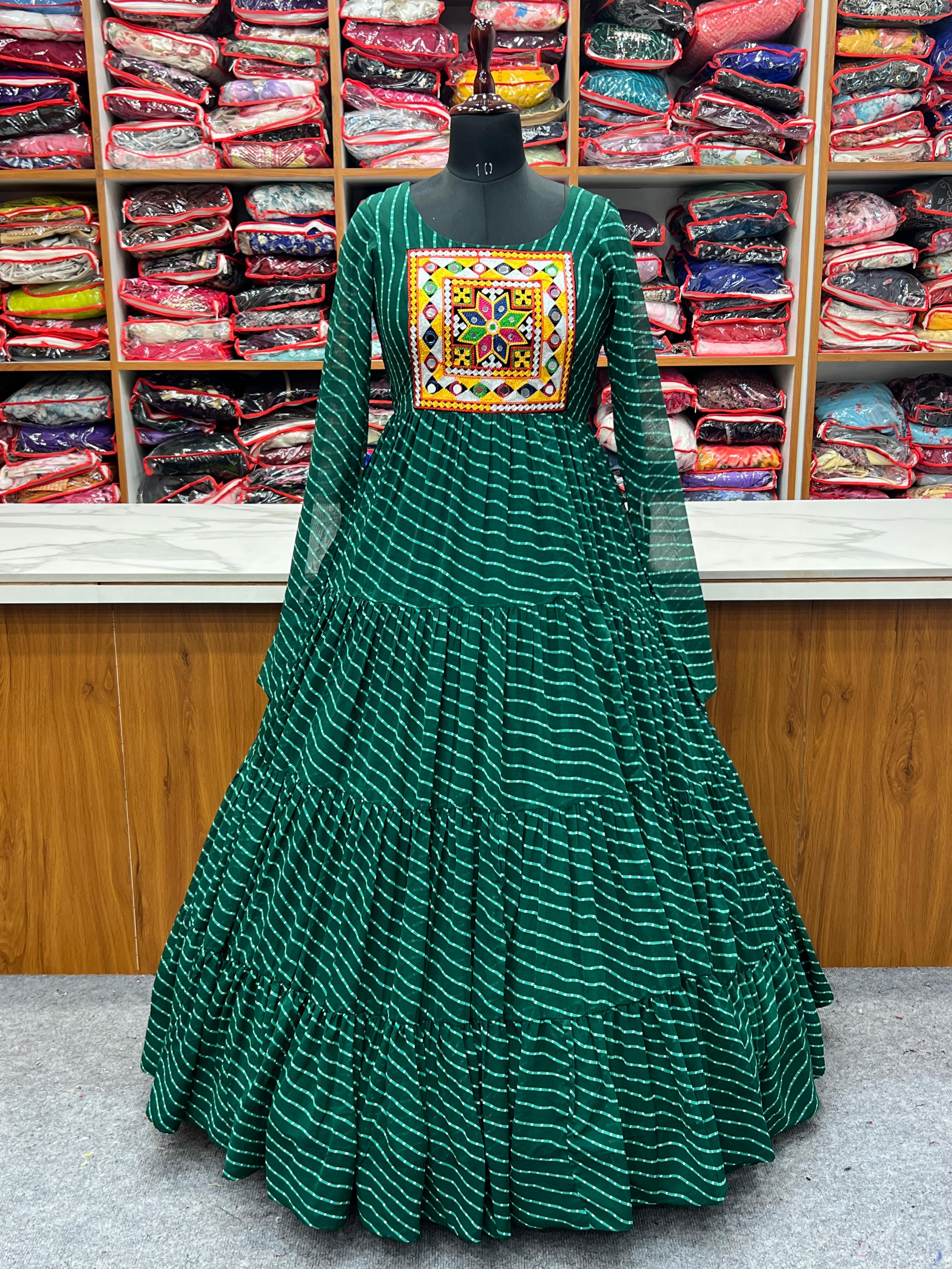 Navratri Wear Green Color Heavy Pure Soft Fox Georgette Laheriya Print Anarkali Gown