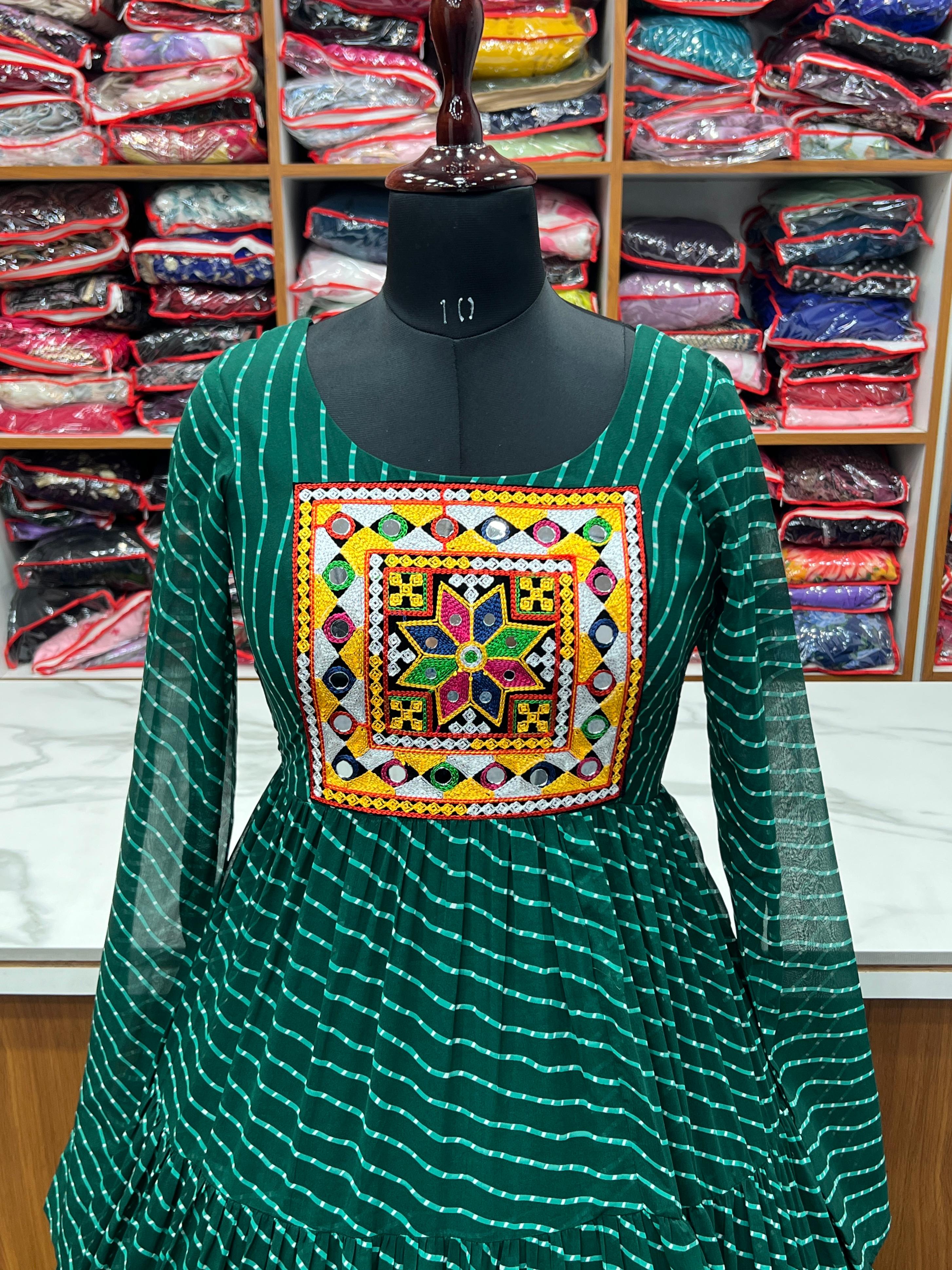 Navratri Wear Green Color Heavy Pure Soft Fox Georgette Laheriya Print Anarkali Gown