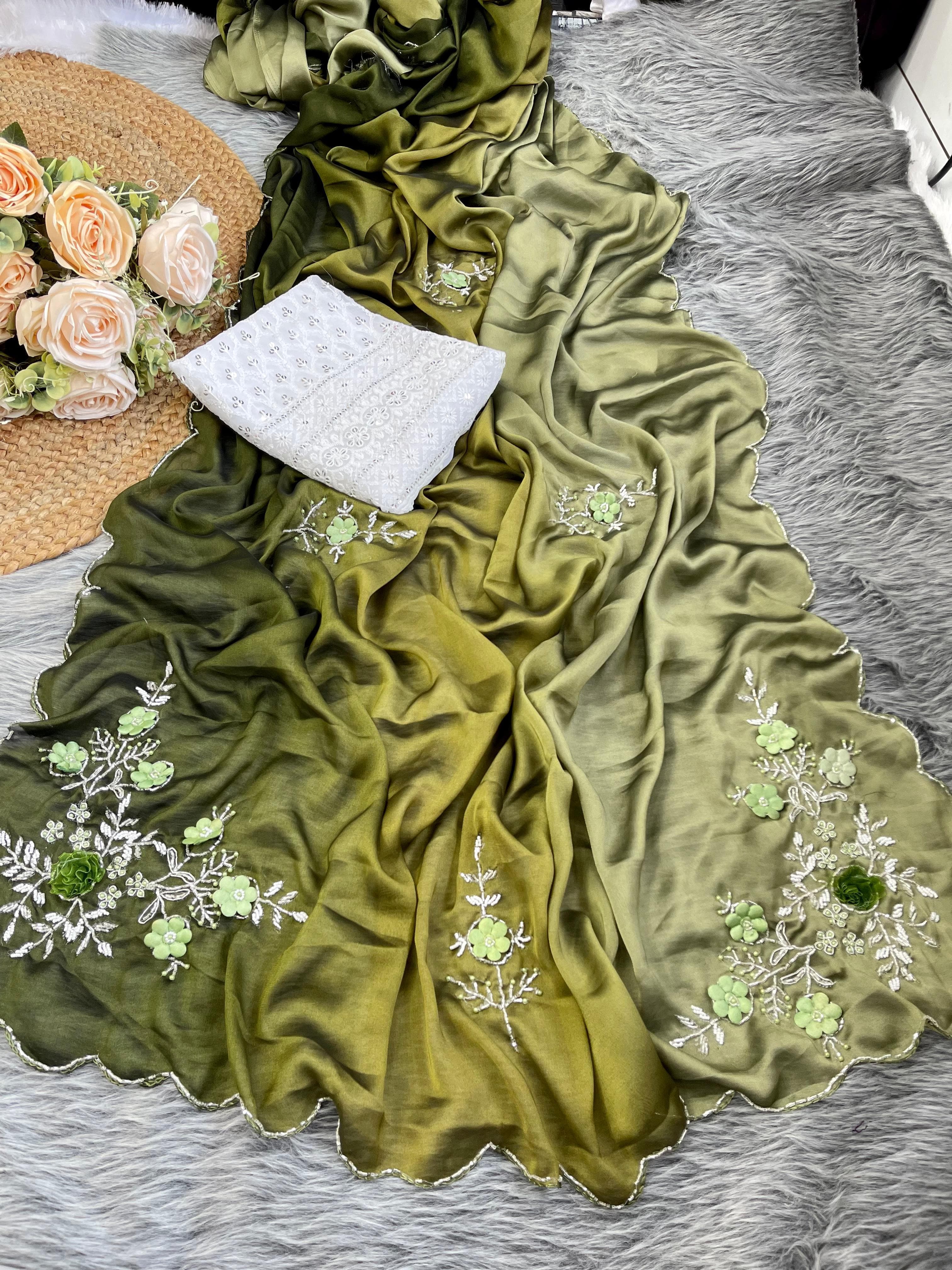 Unique Green Color Shades  Pure Soft Rangoli Silk With Heavy Handwork Khatli Butta Designer Saree