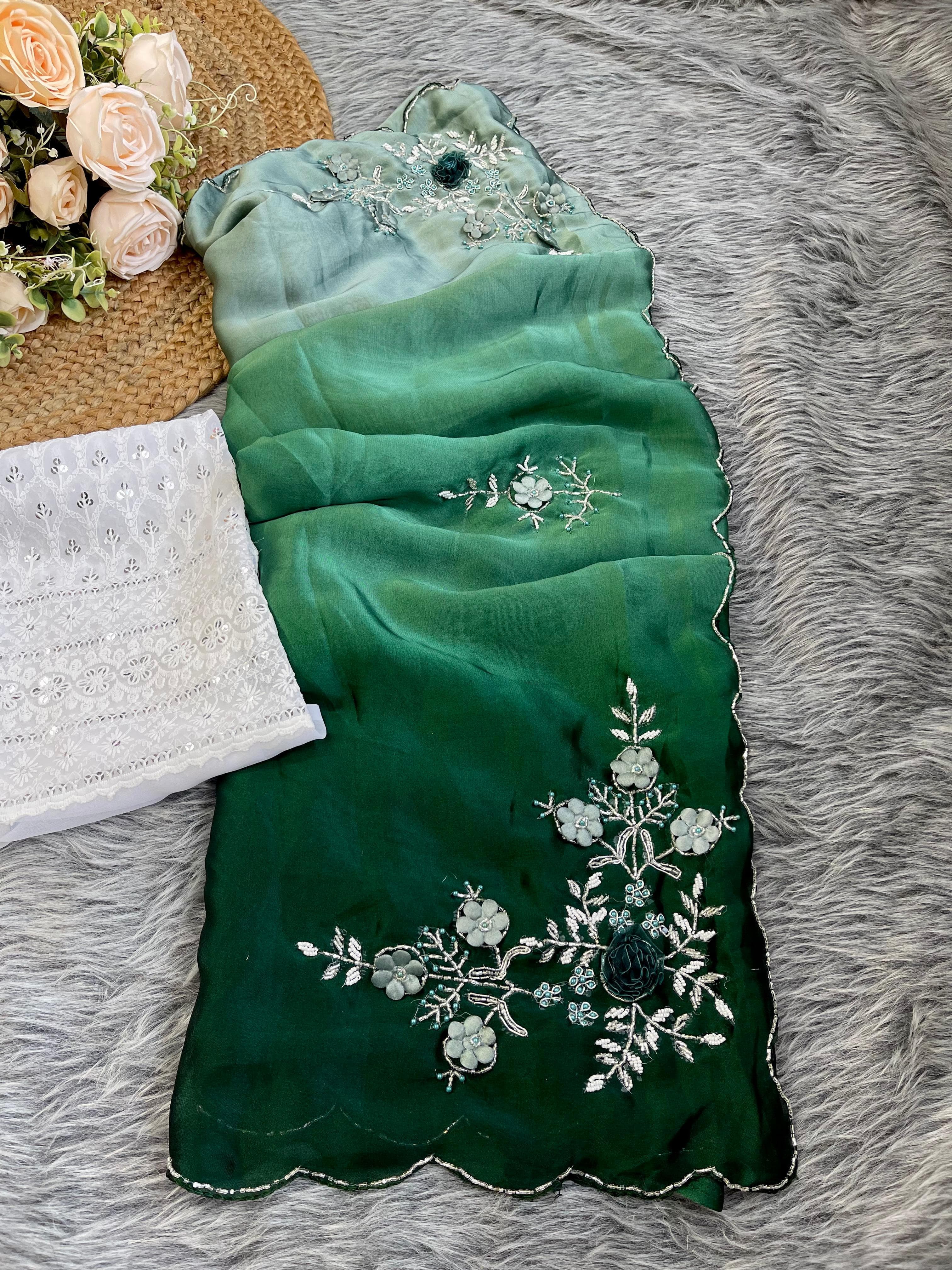 Unique Teal Green Color Shades  Pure Soft Rangoli Silk With Heavy Handwork Khatli Butta Designer Saree