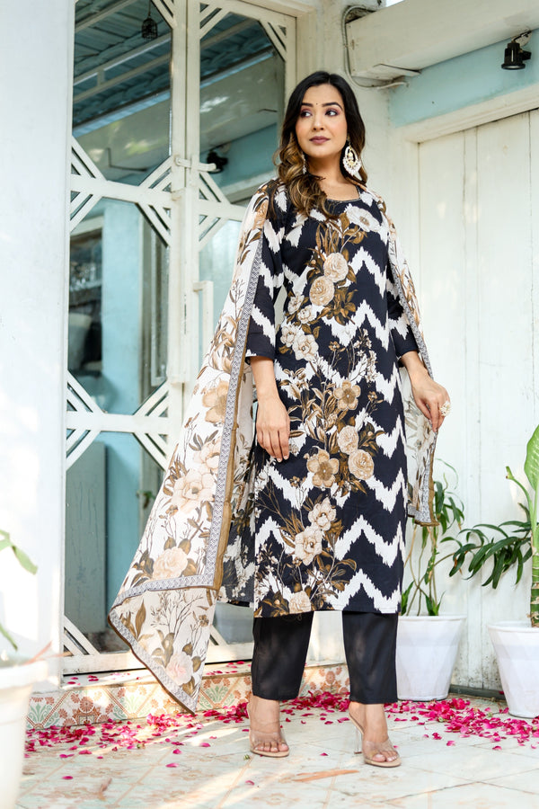 Exclusive Black Color Cotton Hand Work Zig Zac Pattern Kurti Set With Dupatta