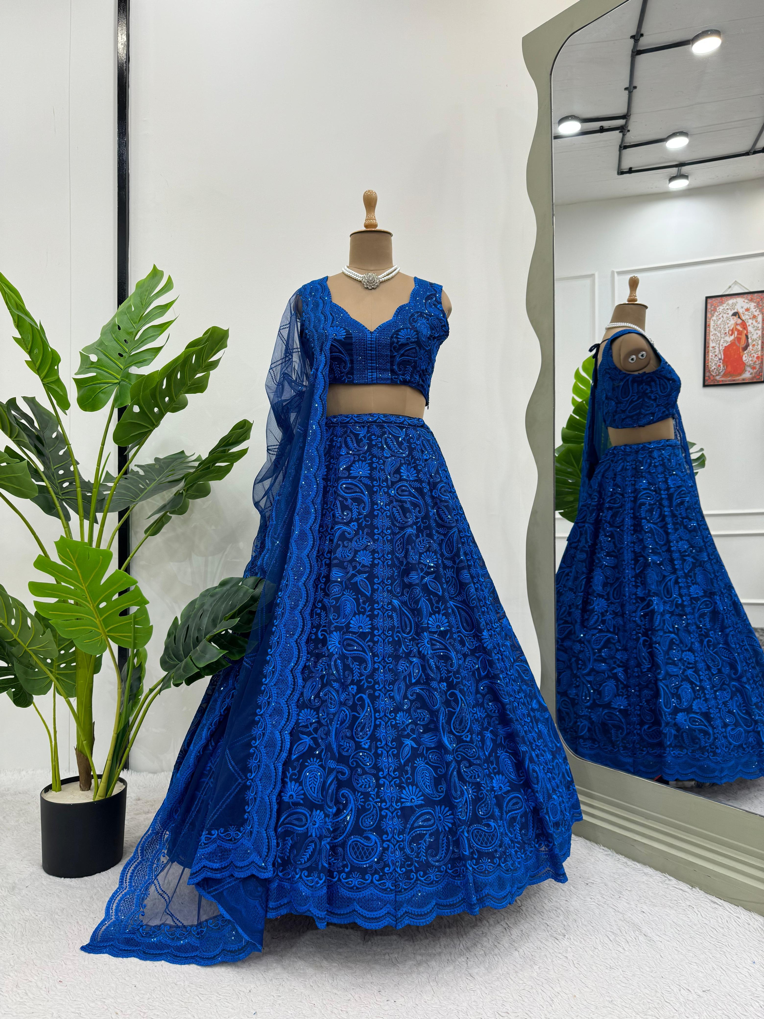 Reception Wear Royal Blue Foux Georgette Sequence With Thread Designer Lehenga Choli