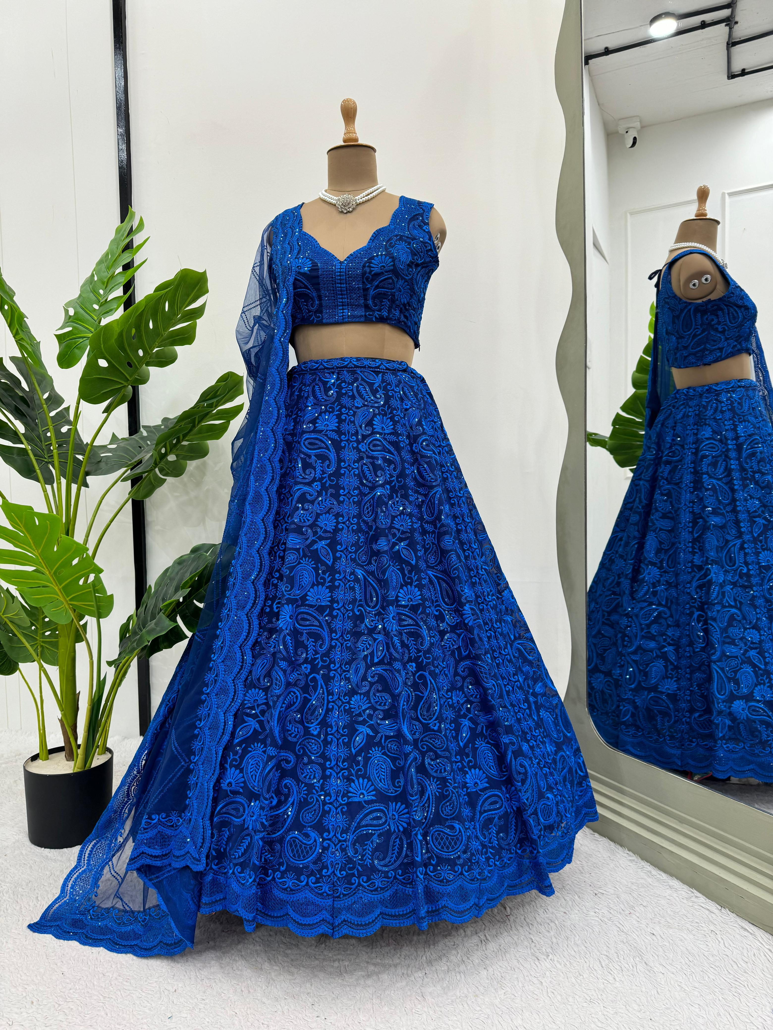 Reception Wear Royal Blue Foux Georgette Sequence With Thread Designer Lehenga Choli