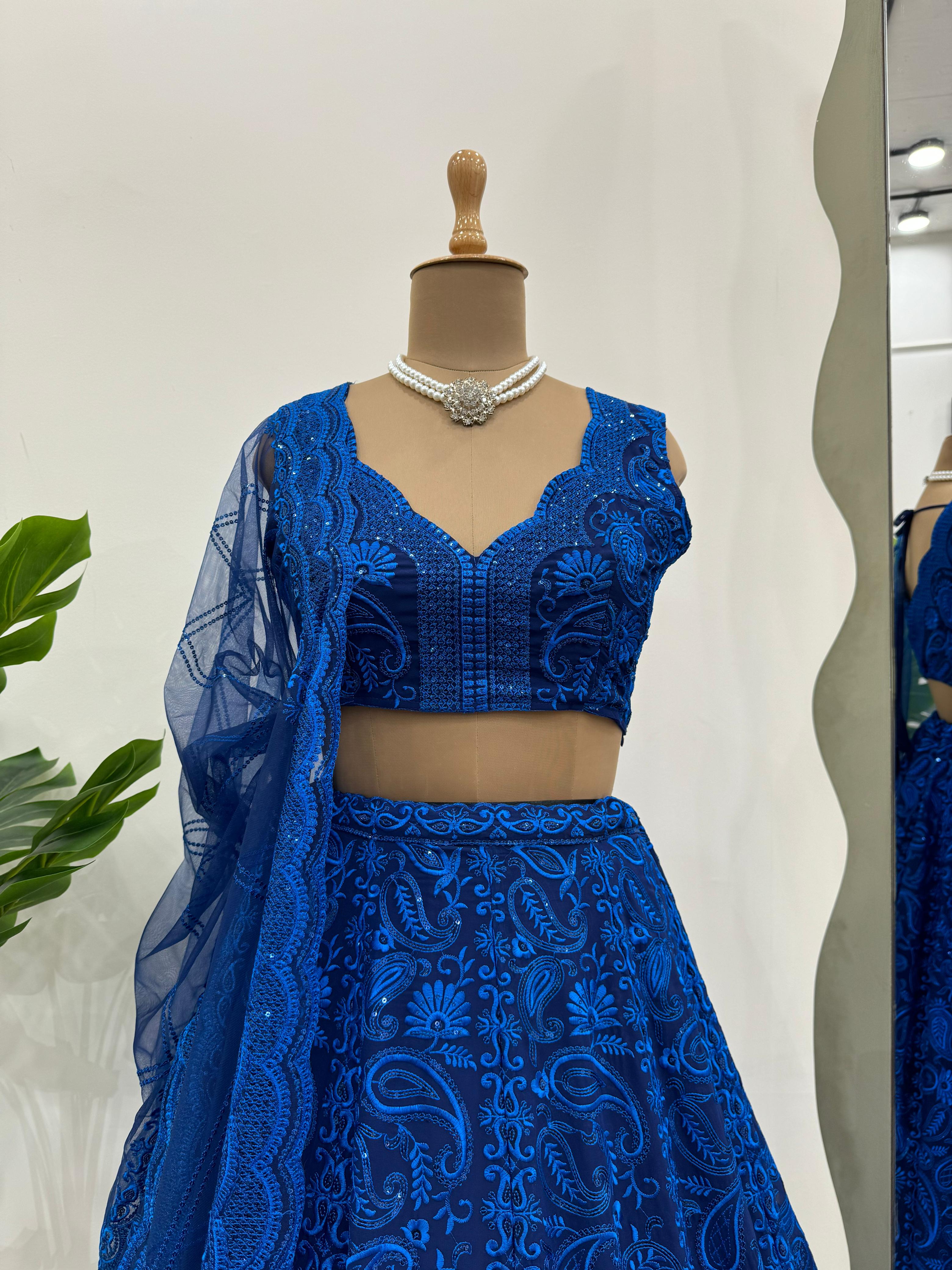 Reception Wear Royal Blue Foux Georgette Sequence With Thread Designer Lehenga Choli