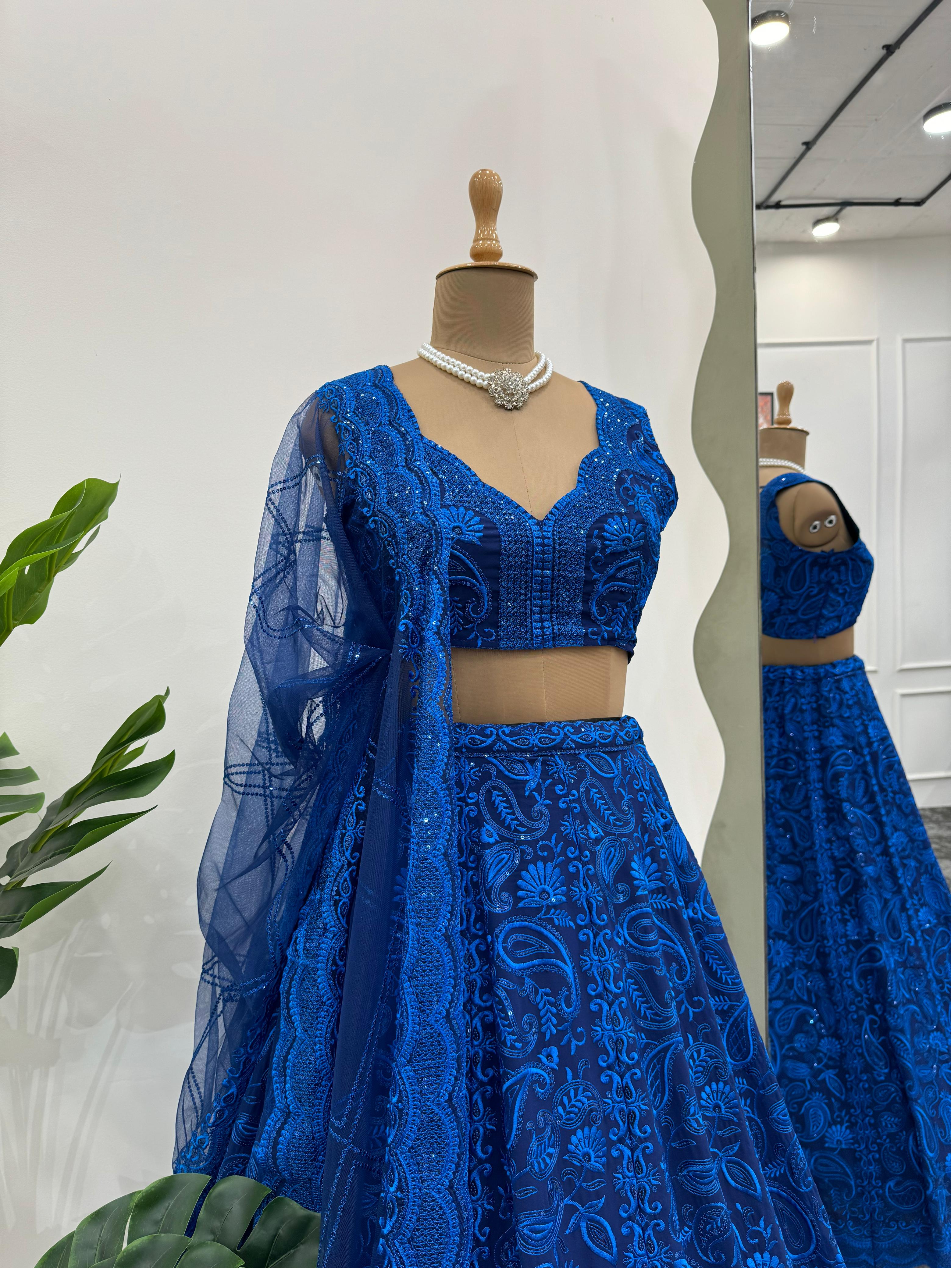 Reception Wear Royal Blue Foux Georgette Sequence With Thread Designer Lehenga Choli