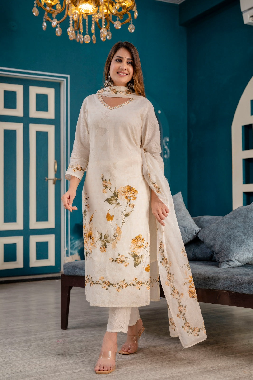 Pretty Cream Color Cotton With Hand Work And Digital Printed Kurta Set With Dupatta