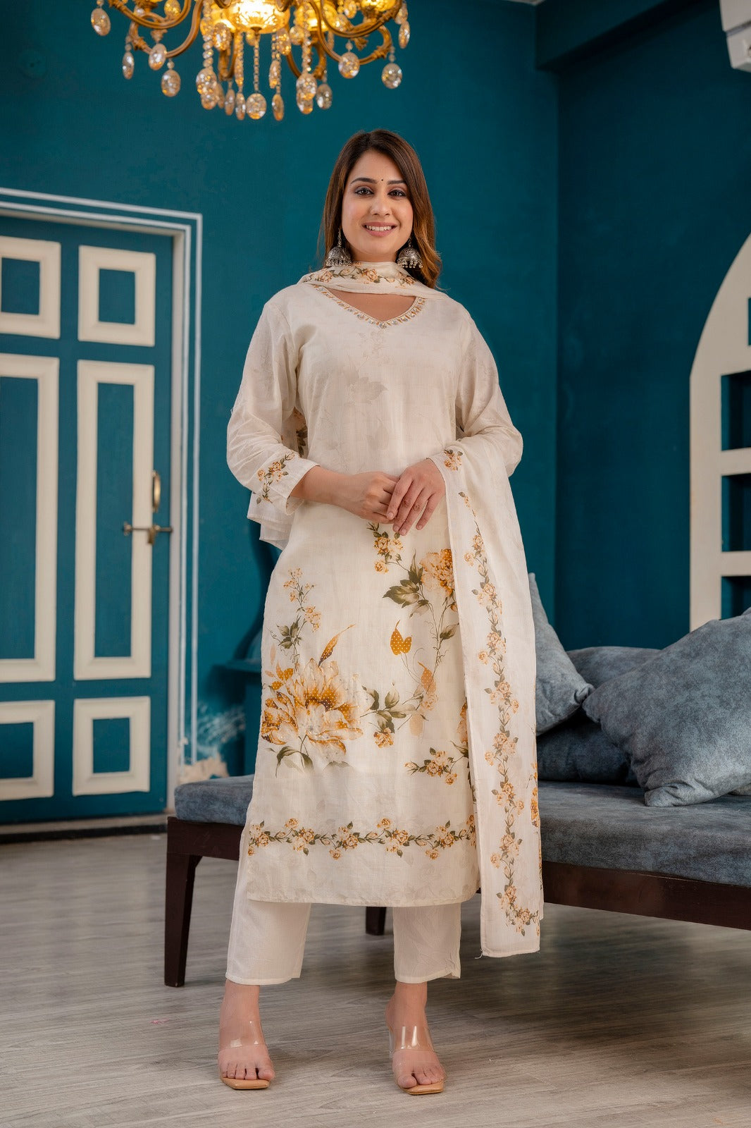 Pretty Cream Color Cotton With Hand Work And Digital Printed Kurta Set With Dupatta