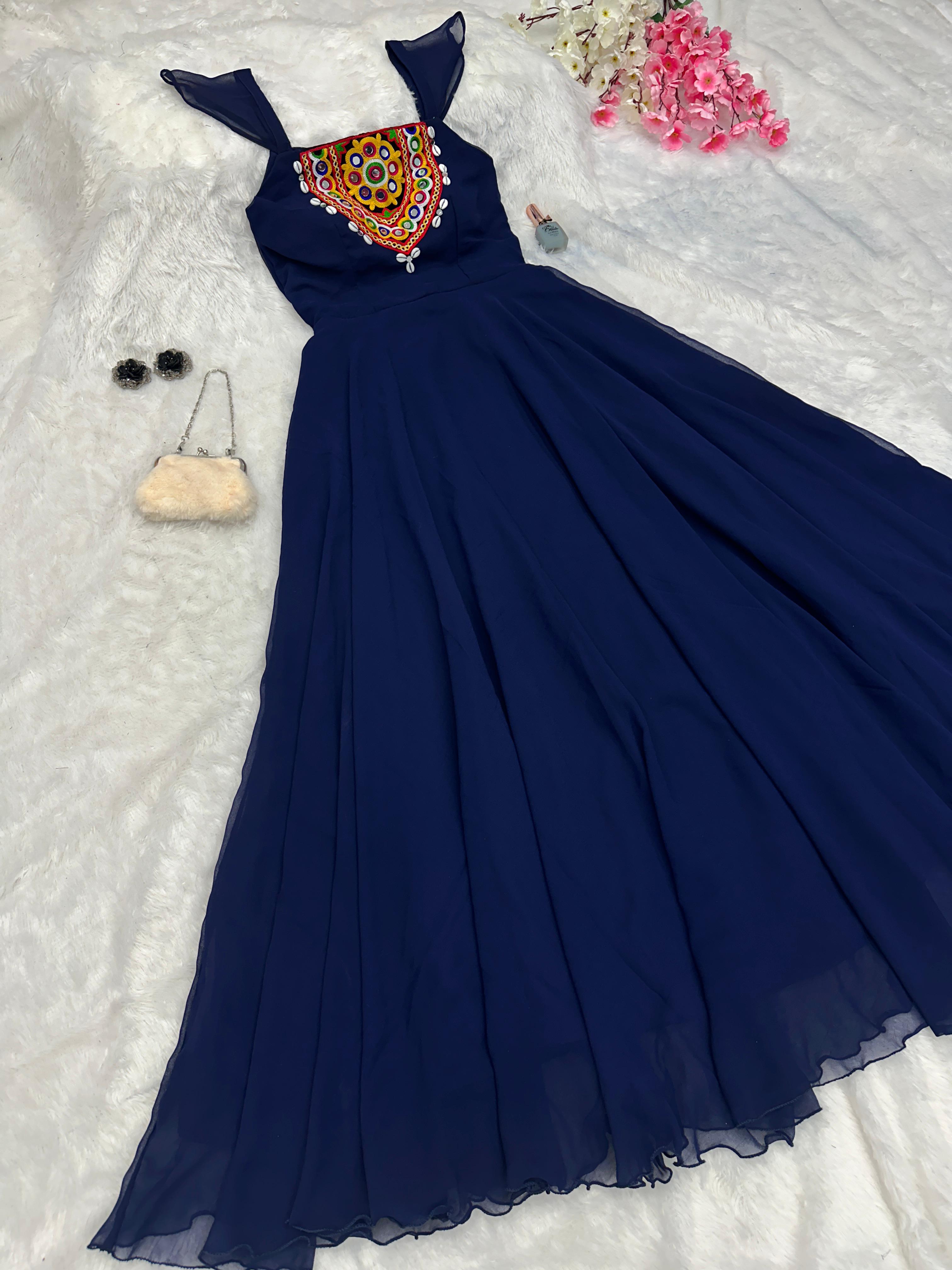 Navratri Special Navy Blue Pure Georgette Embroidery Work With Real Mirror And Kodi Handwork Anarkali Gown