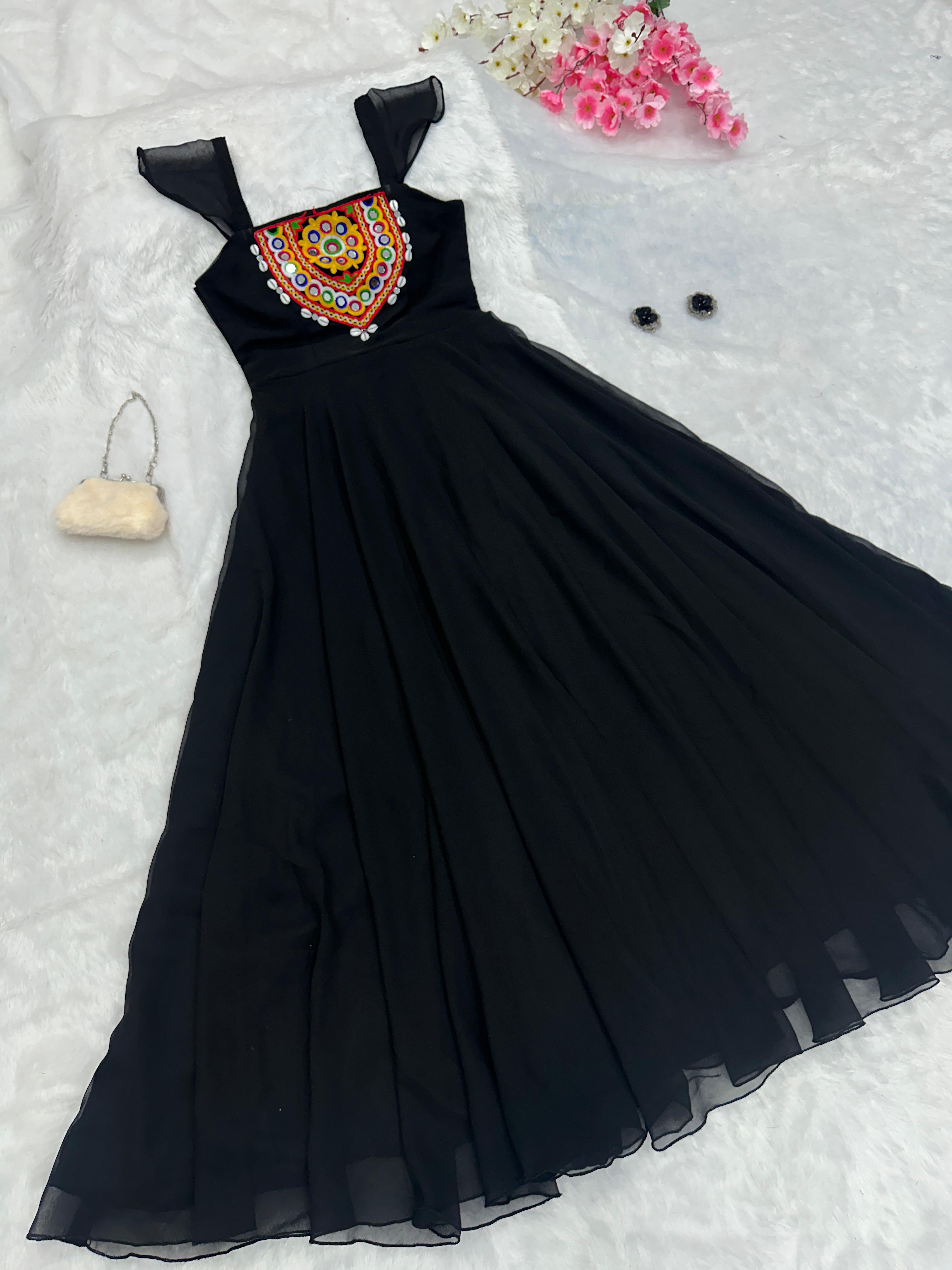 Navratri Special Black Pure Georgette Embroidery Work With Real Mirror And Kodi Handwork Anarkali Gown