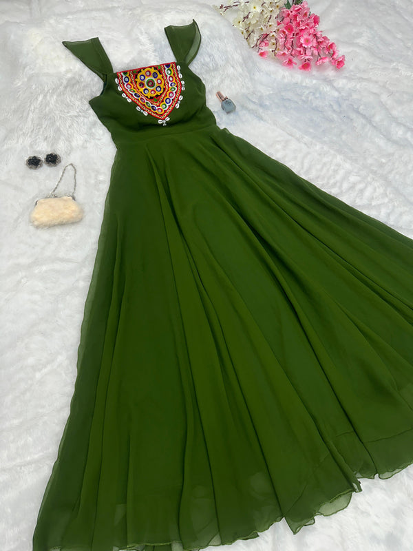 Navratri Special Green Pure Georgette Embroidery Work With Real Mirror And Kodi Handwork Anarkali Gown