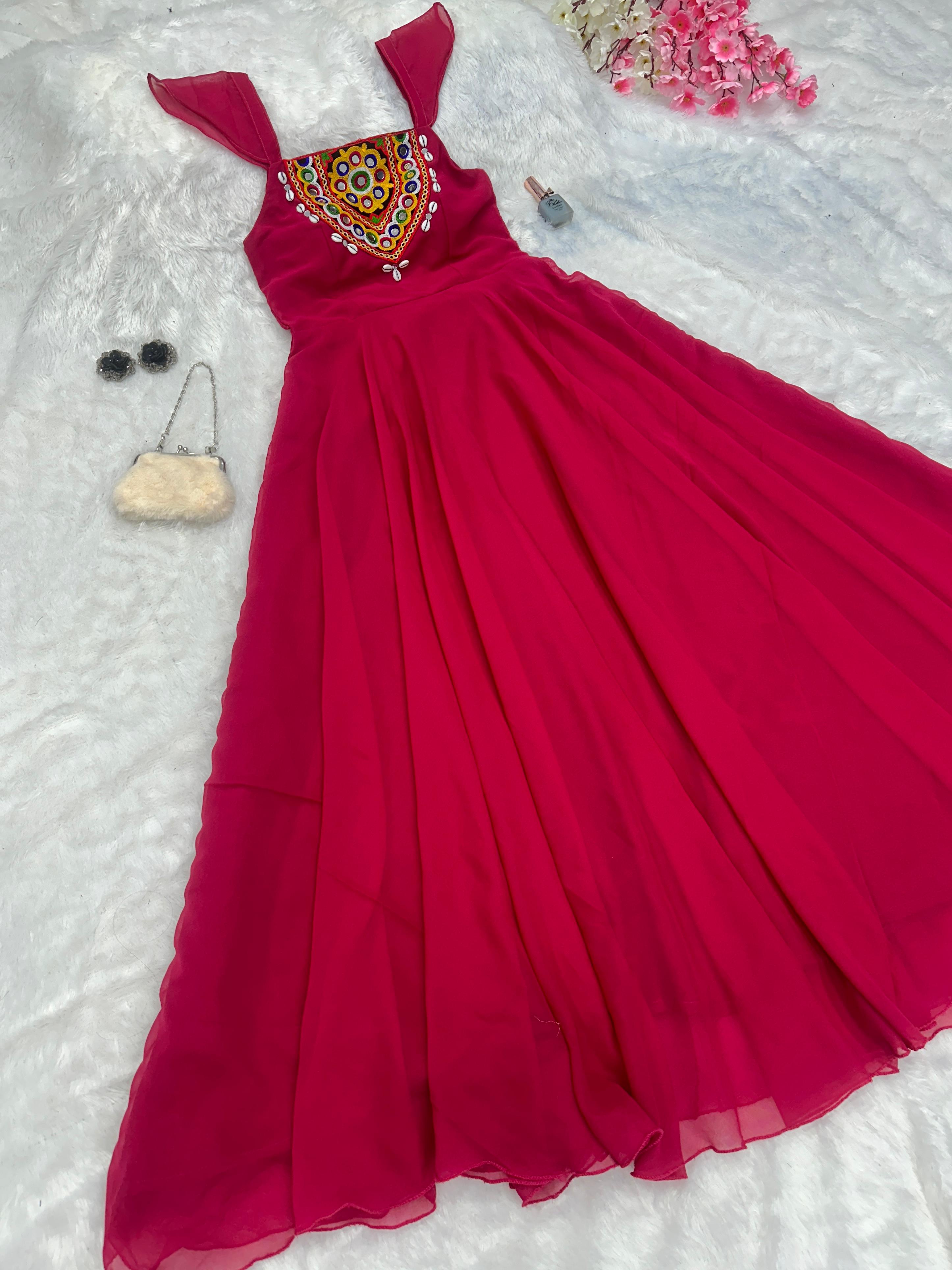 Navratri Special Pink Pure Georgette Embroidery Work With Real Mirror And Kodi Handwork Anarkali Gown