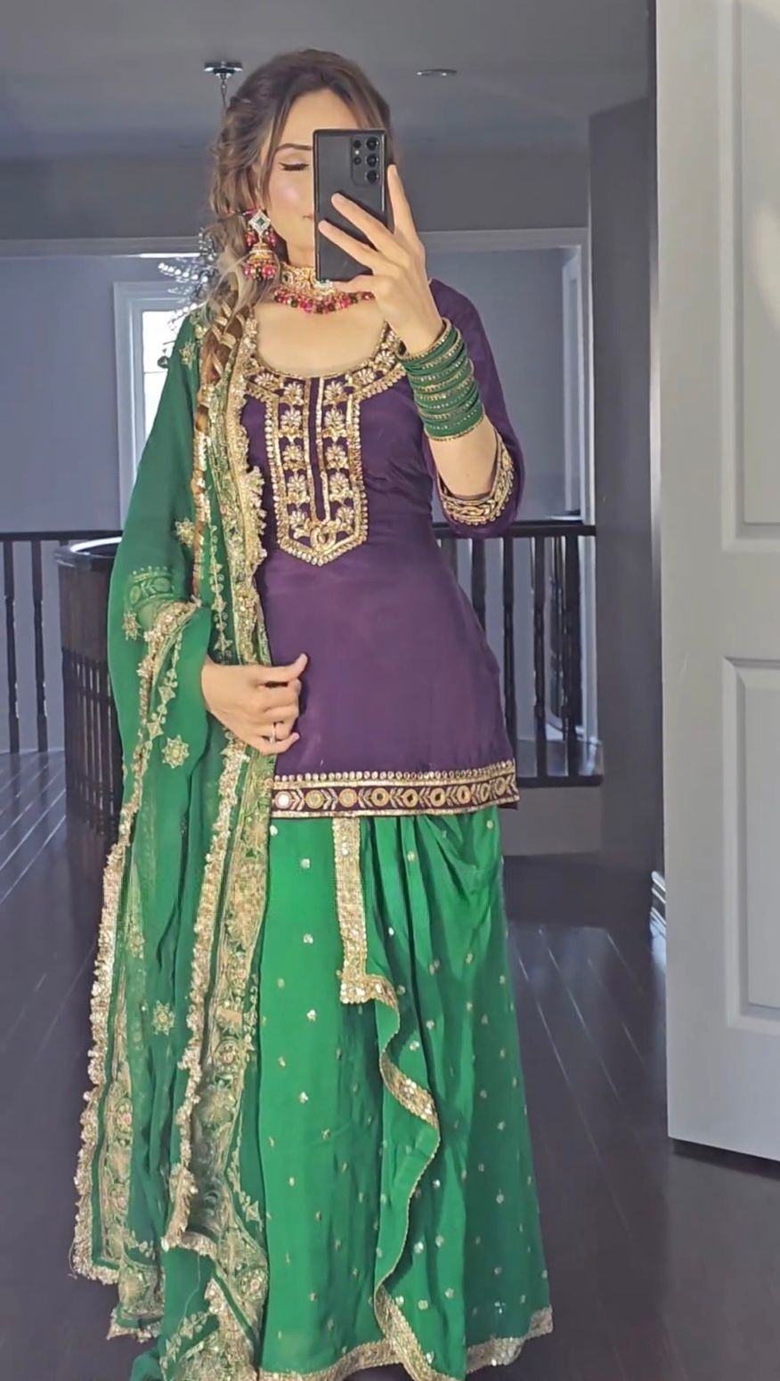 Charming Purple And Green Color Faux Georgette With Heavy Embroidery Sharara Dhoti Suit