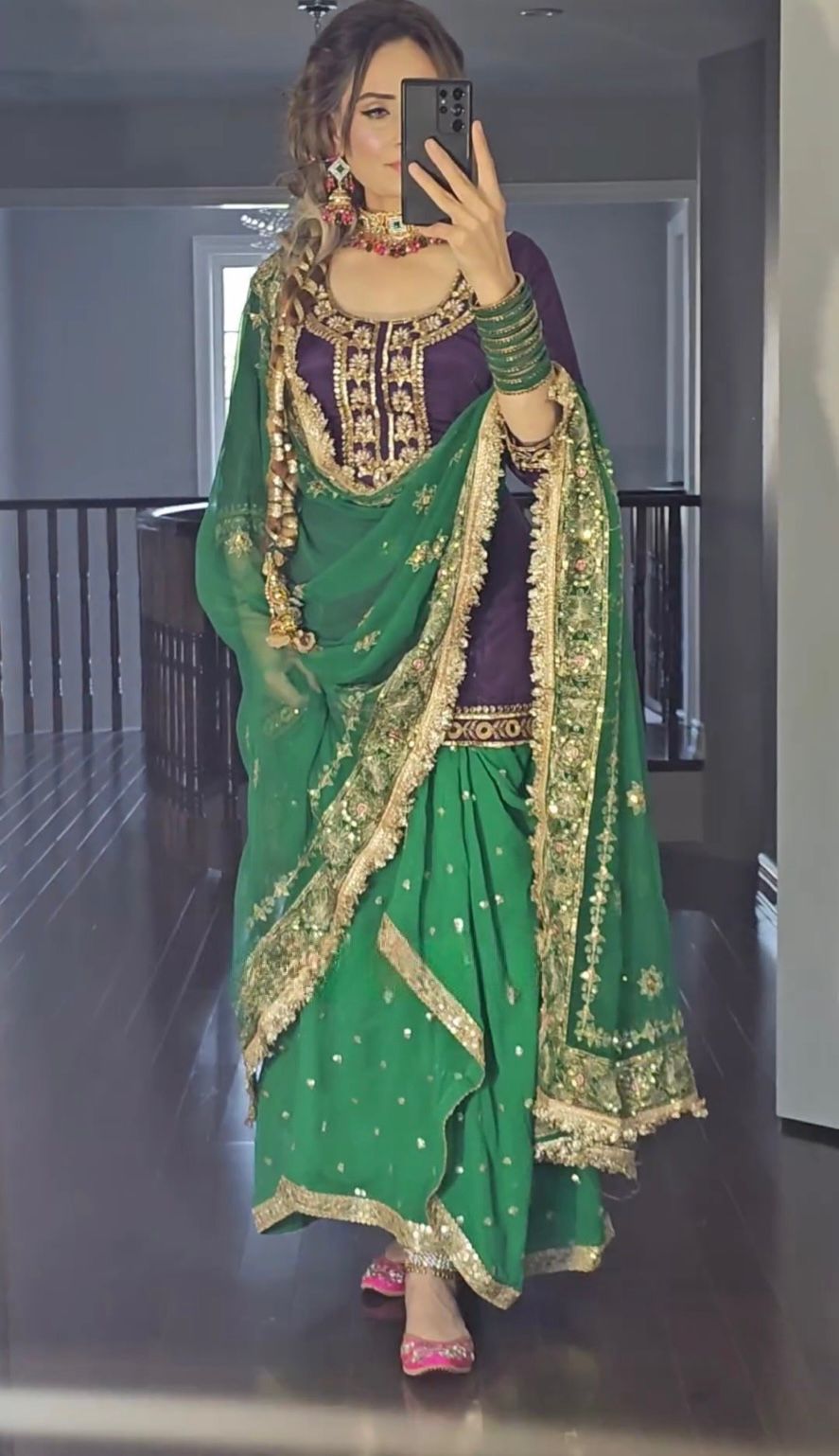 Charming Purple And Green Color Faux Georgette With Heavy Embroidery Sharara Dhoti Suit