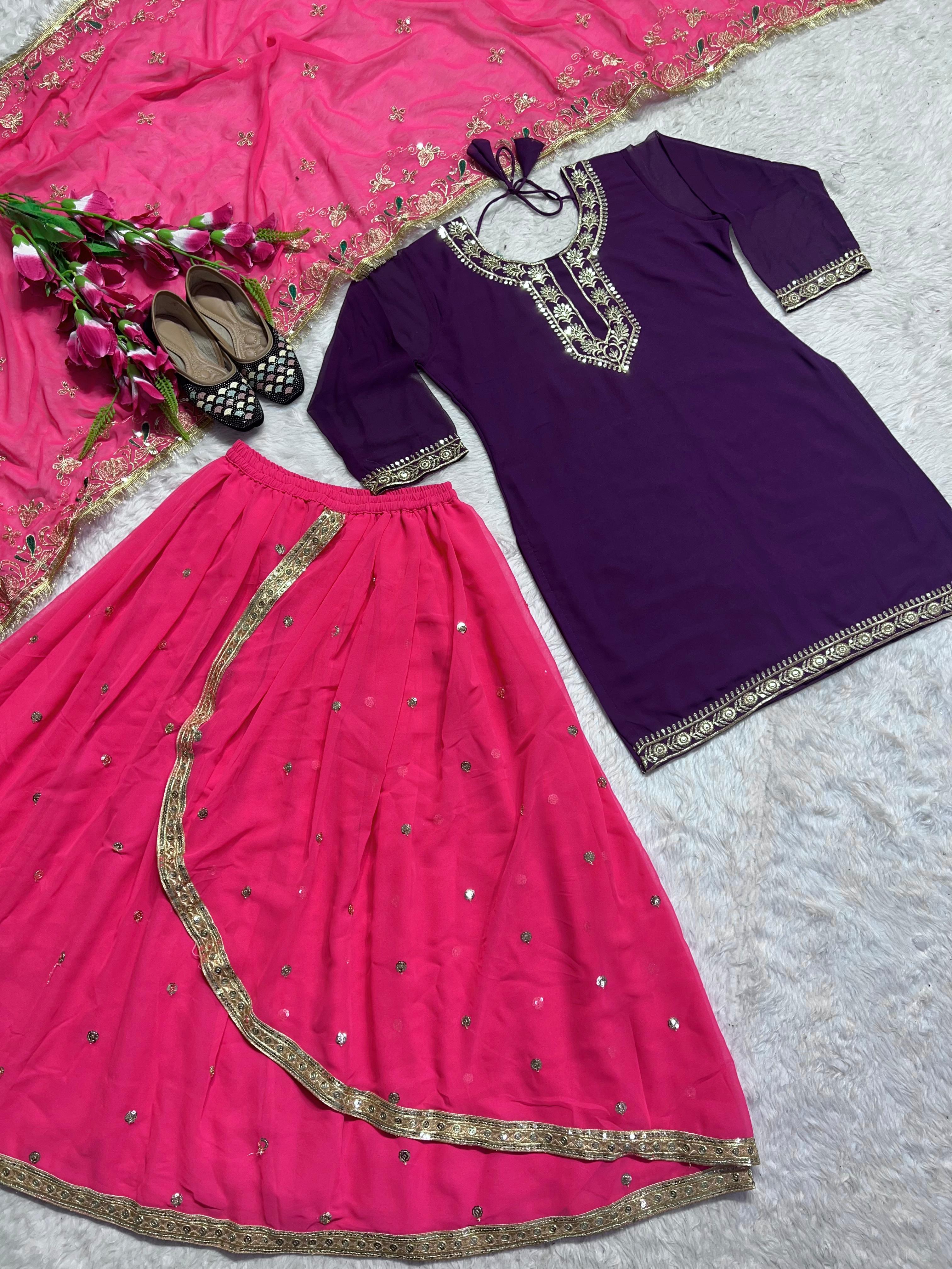 Demanding Purple Color Faux Georgette With Heavy Embroidery Sharara Dhoti Suit