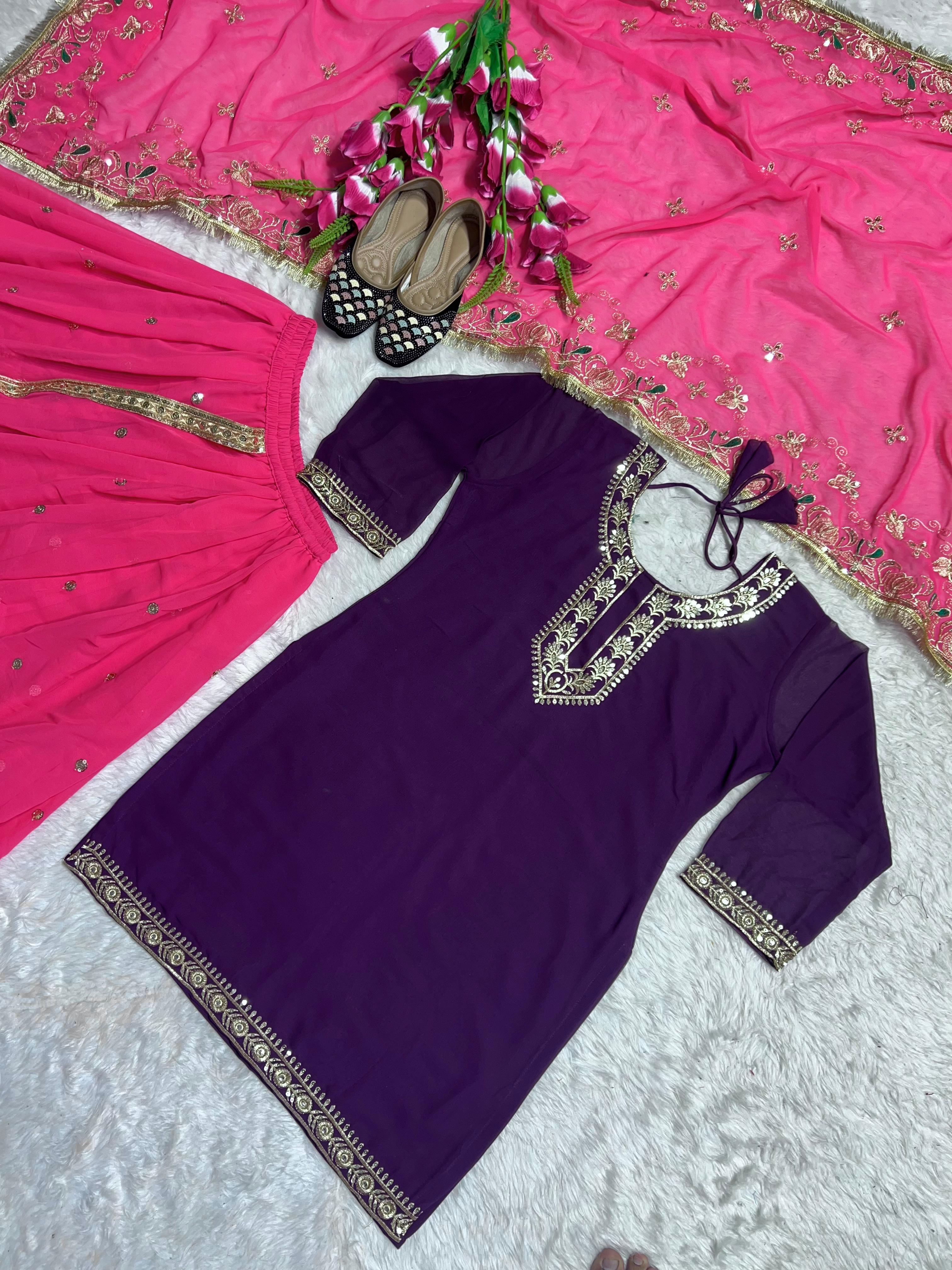 Demanding Purple Color Faux Georgette With Heavy Embroidery Sharara Dhoti Suit