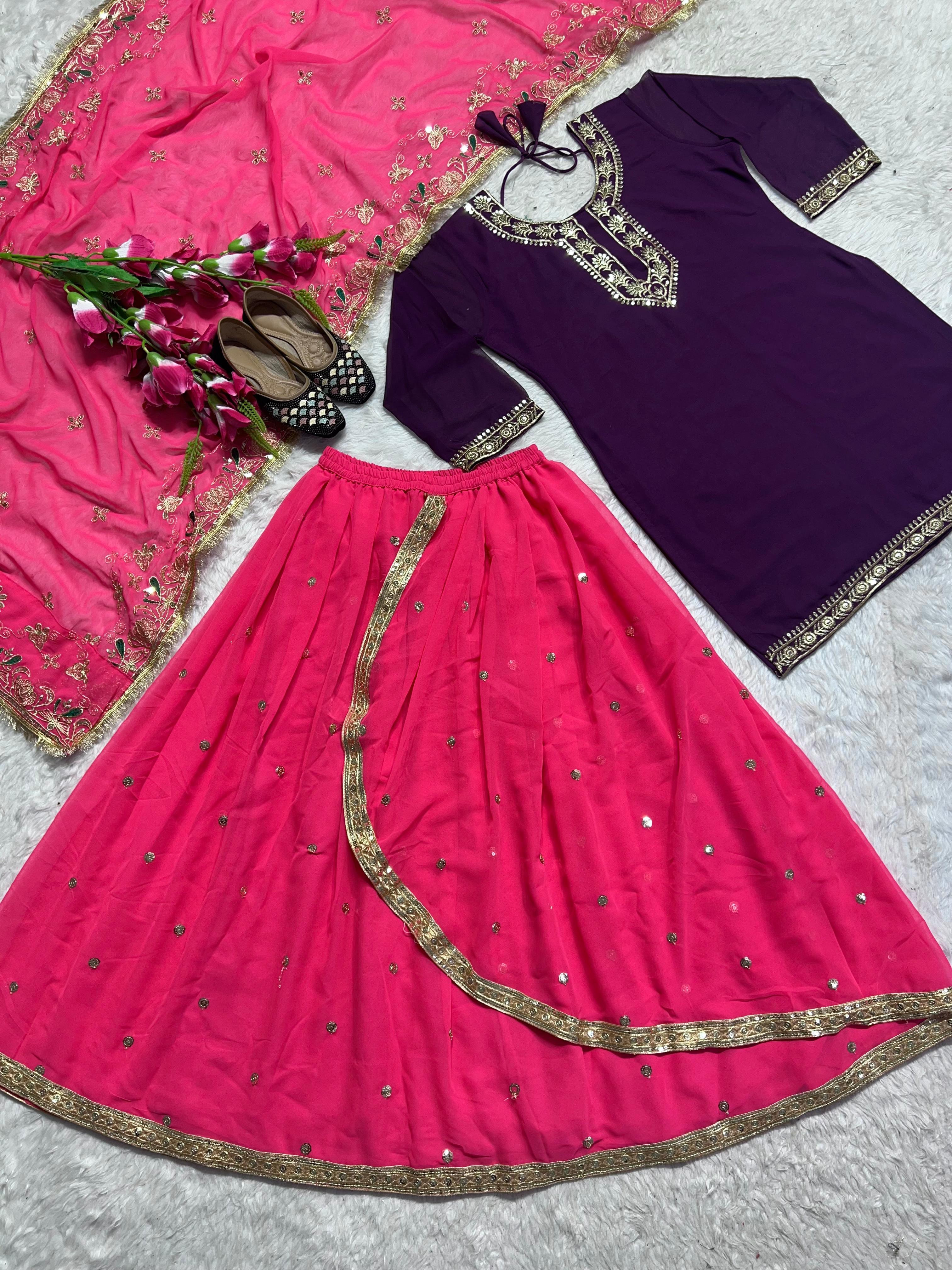 Demanding Purple Color Faux Georgette With Heavy Embroidery Sharara Dhoti Suit