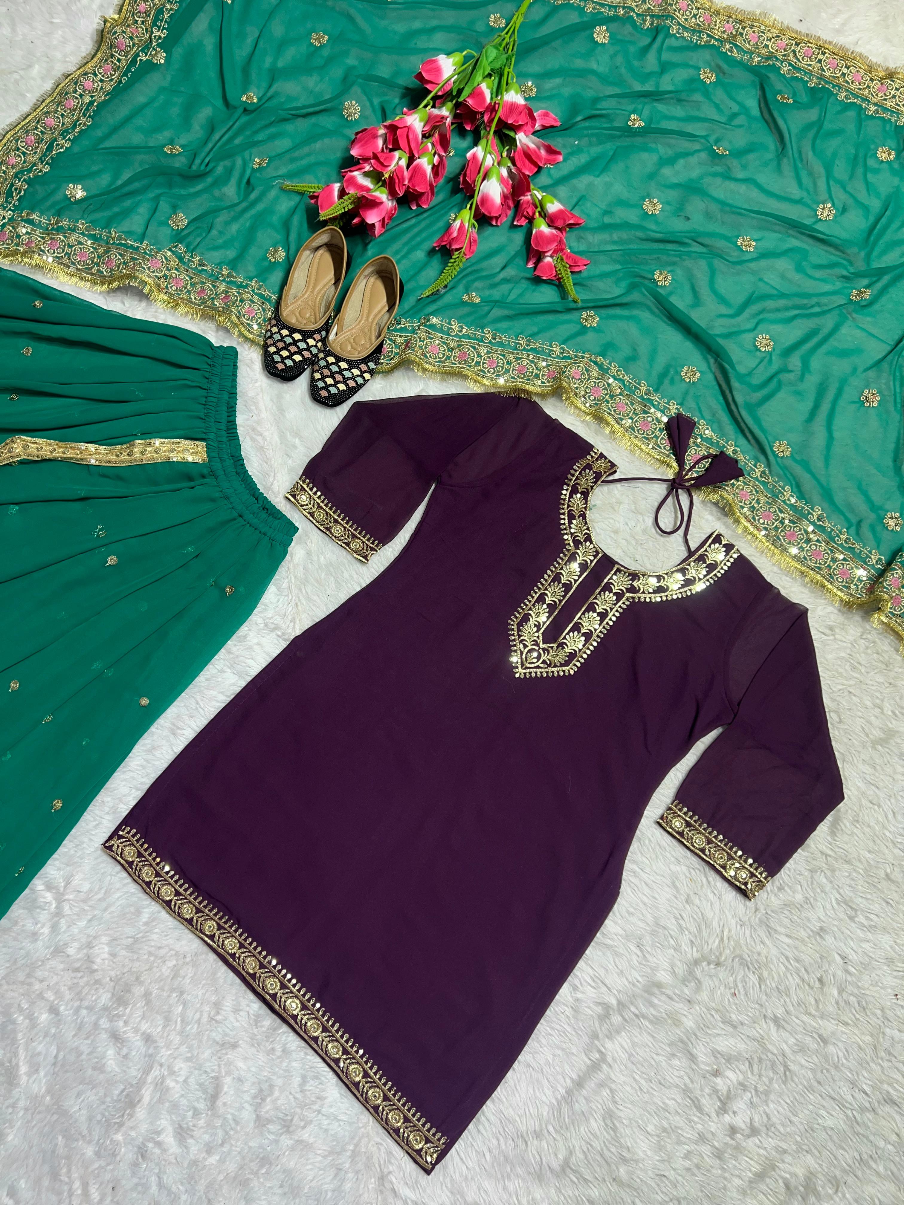 Charming Purple And Green Color Faux Georgette With Heavy Embroidery Sharara Dhoti Suit