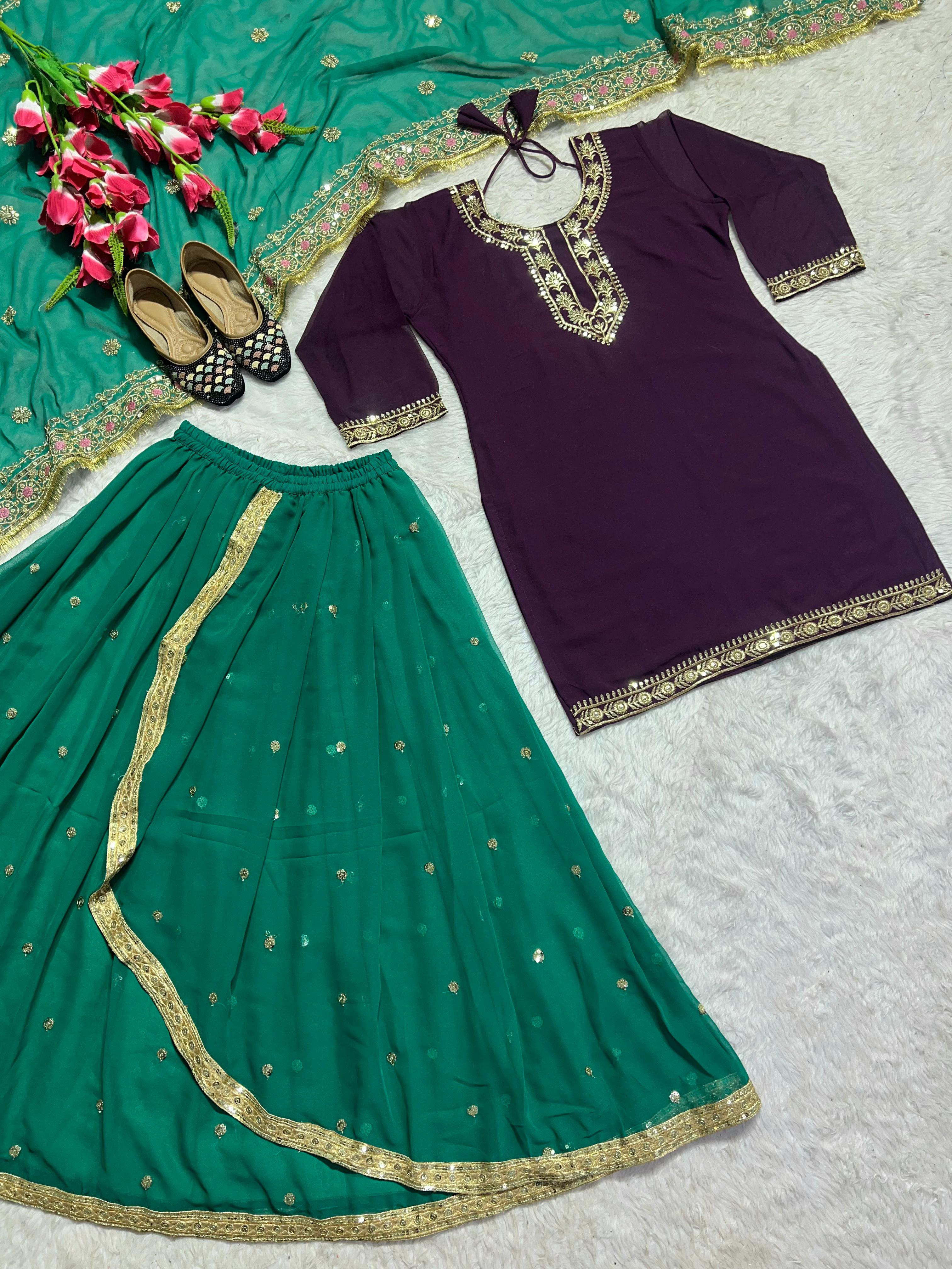 Charming Purple And Green Color Faux Georgette With Heavy Embroidery Sharara Dhoti Suit